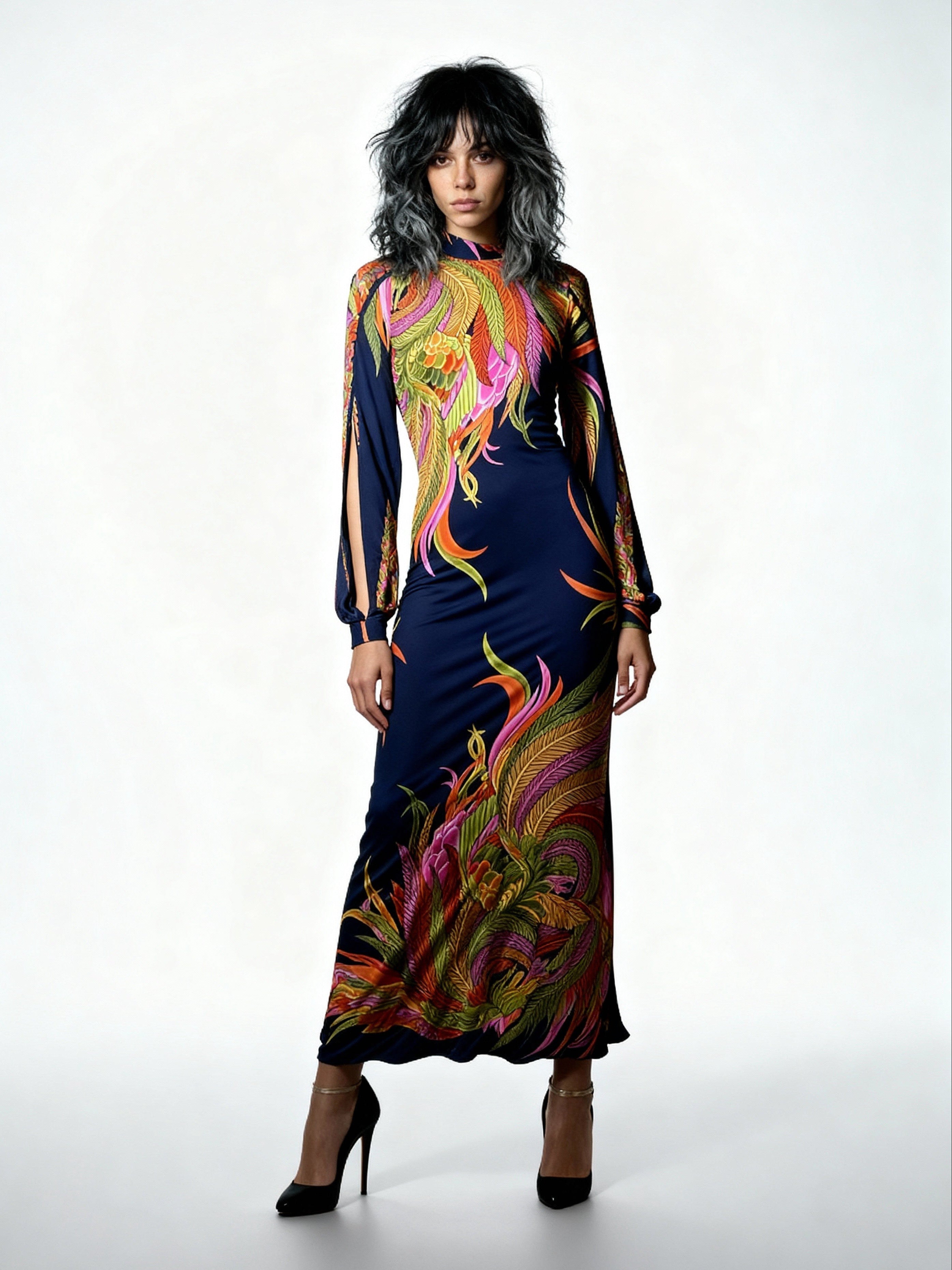 1970'S Original Vintage De Parisini by Gianni Versace Navy Floral & Palm Silk Print Maxi Dress Uk 8 - 10