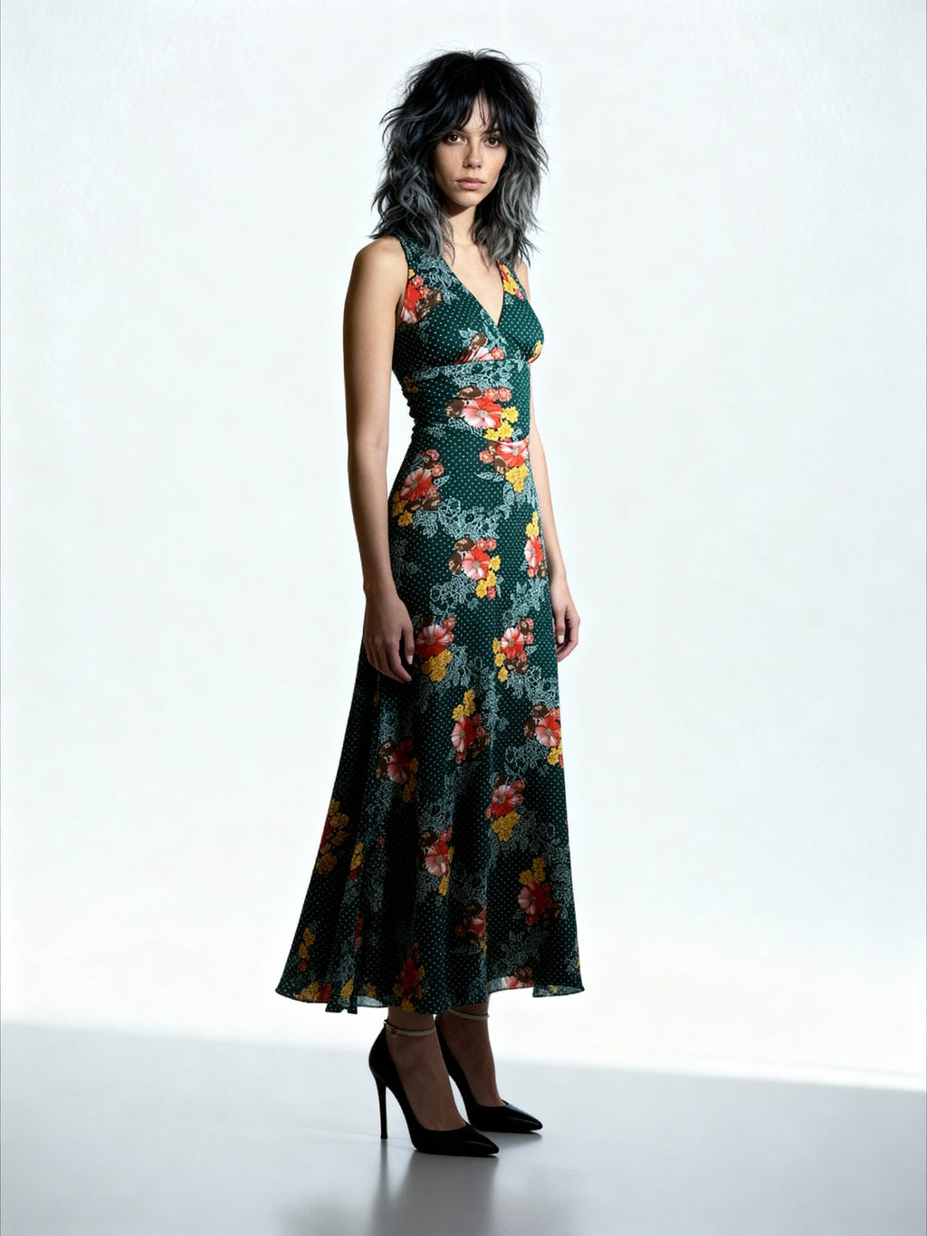 Original 1970'S Vintage Green Floral Dress Uk 8 - 10