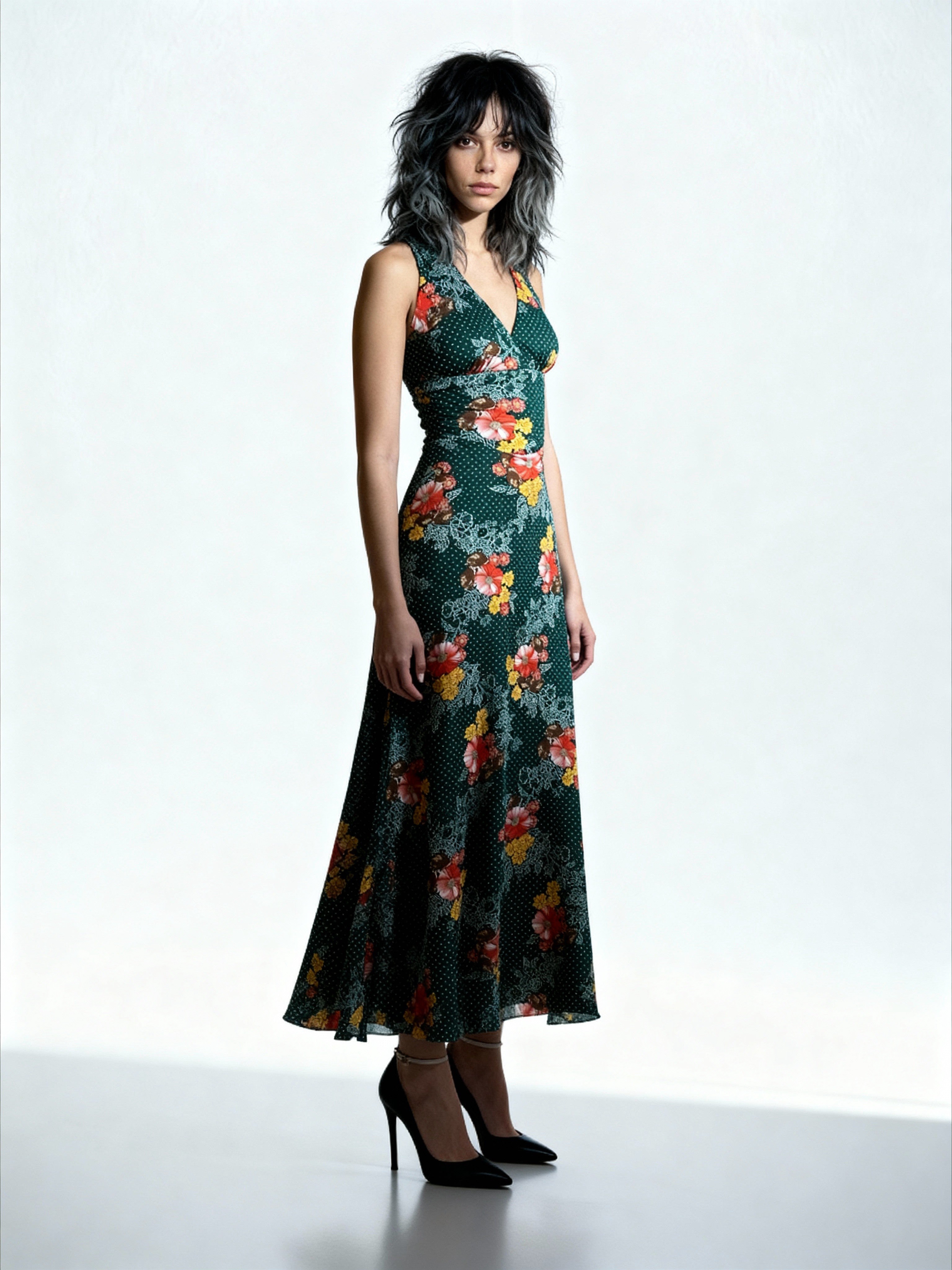 Original 1970'S Vintage Green Floral Dress Uk 8 - 10