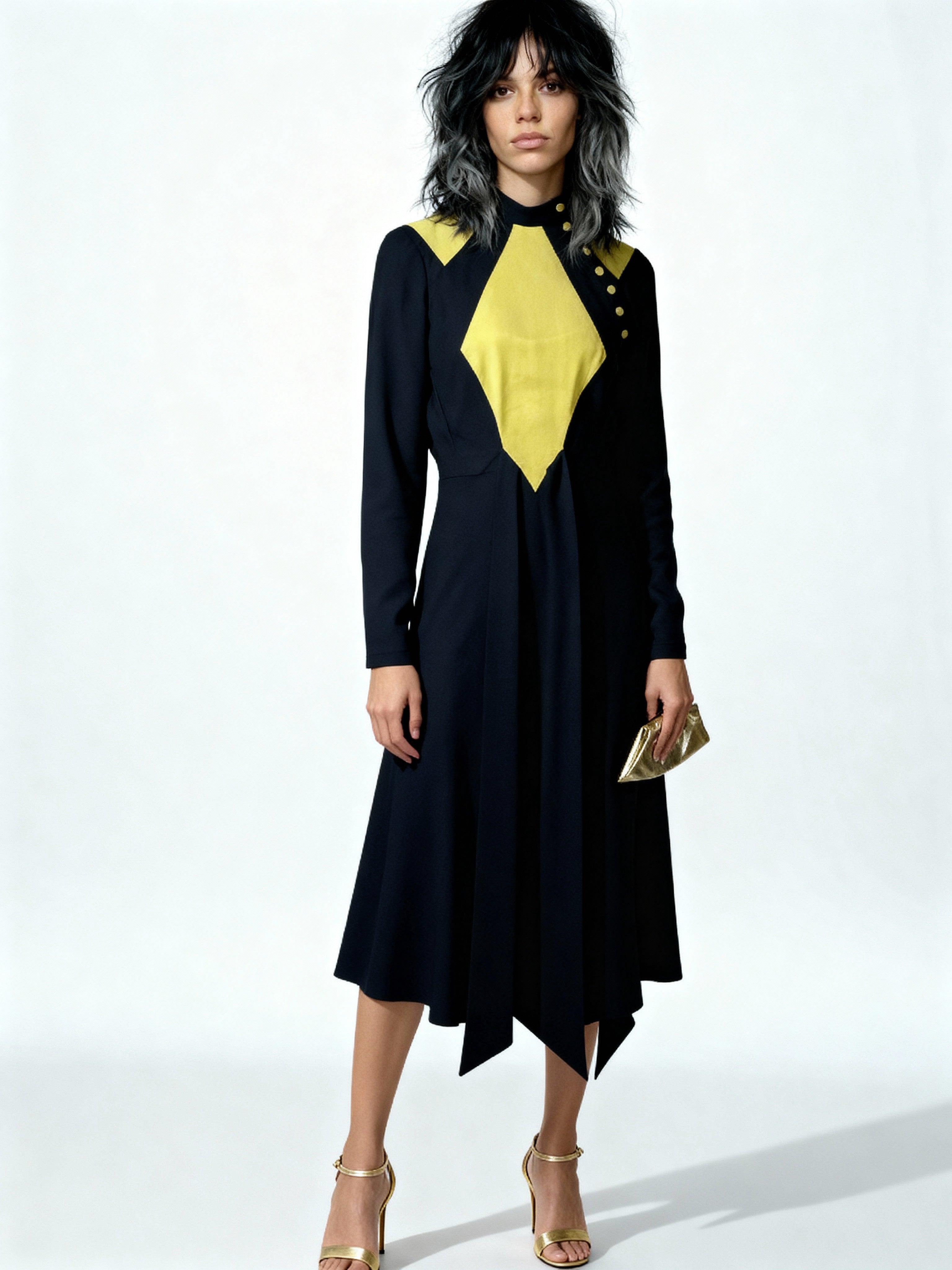 Rare Vintage 1970's Original Black & Yellow Dress Designed by Ossie Clark UK 8 - 10