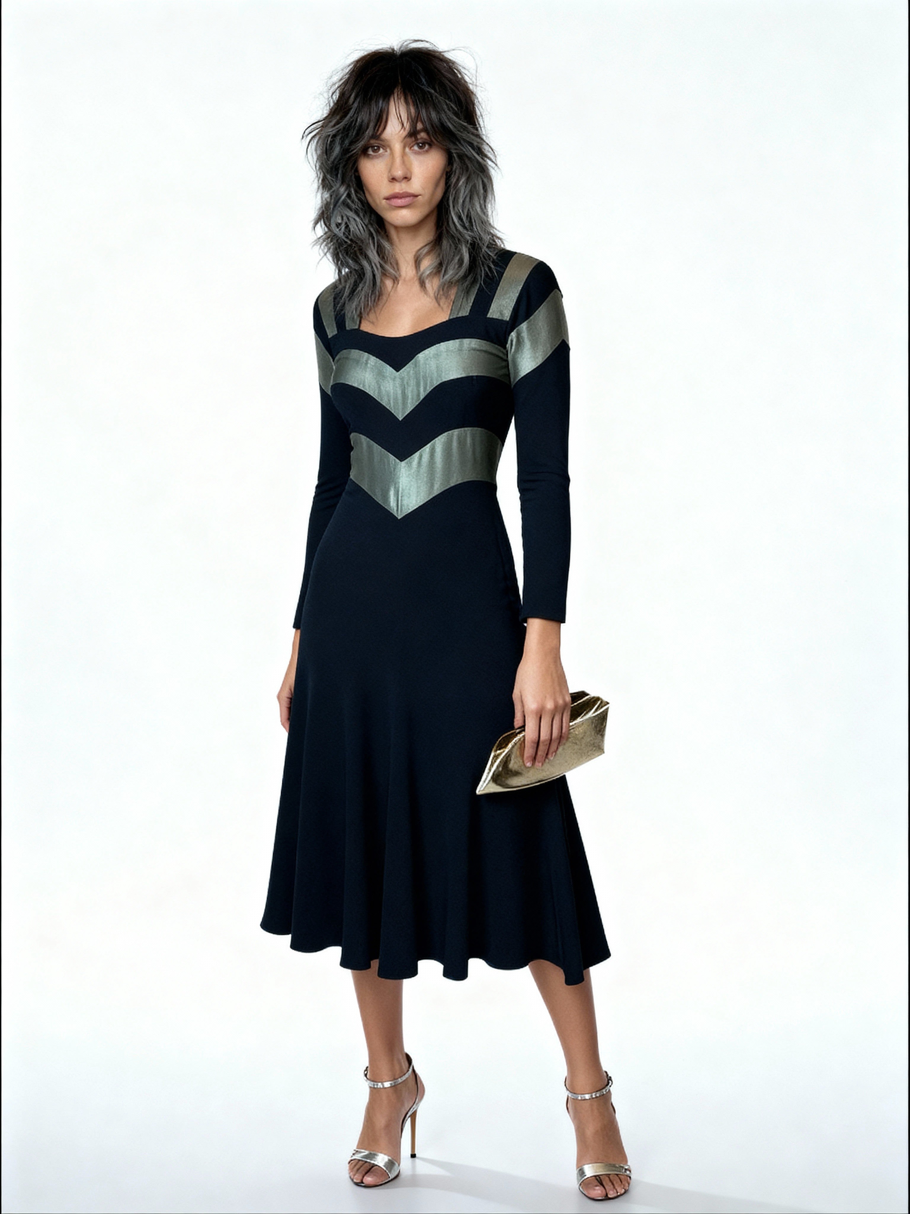 1970's Original Vintage Very Rare Ossie Clark Black & Metallic Green Dress UK 8 - 10