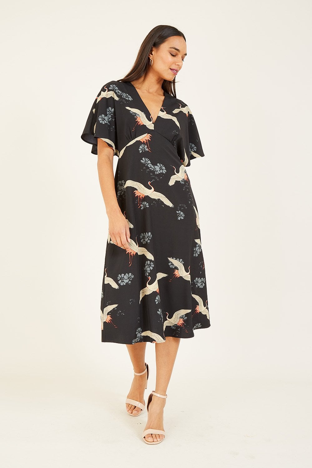 Black Crane Print Kimono Midi Dress