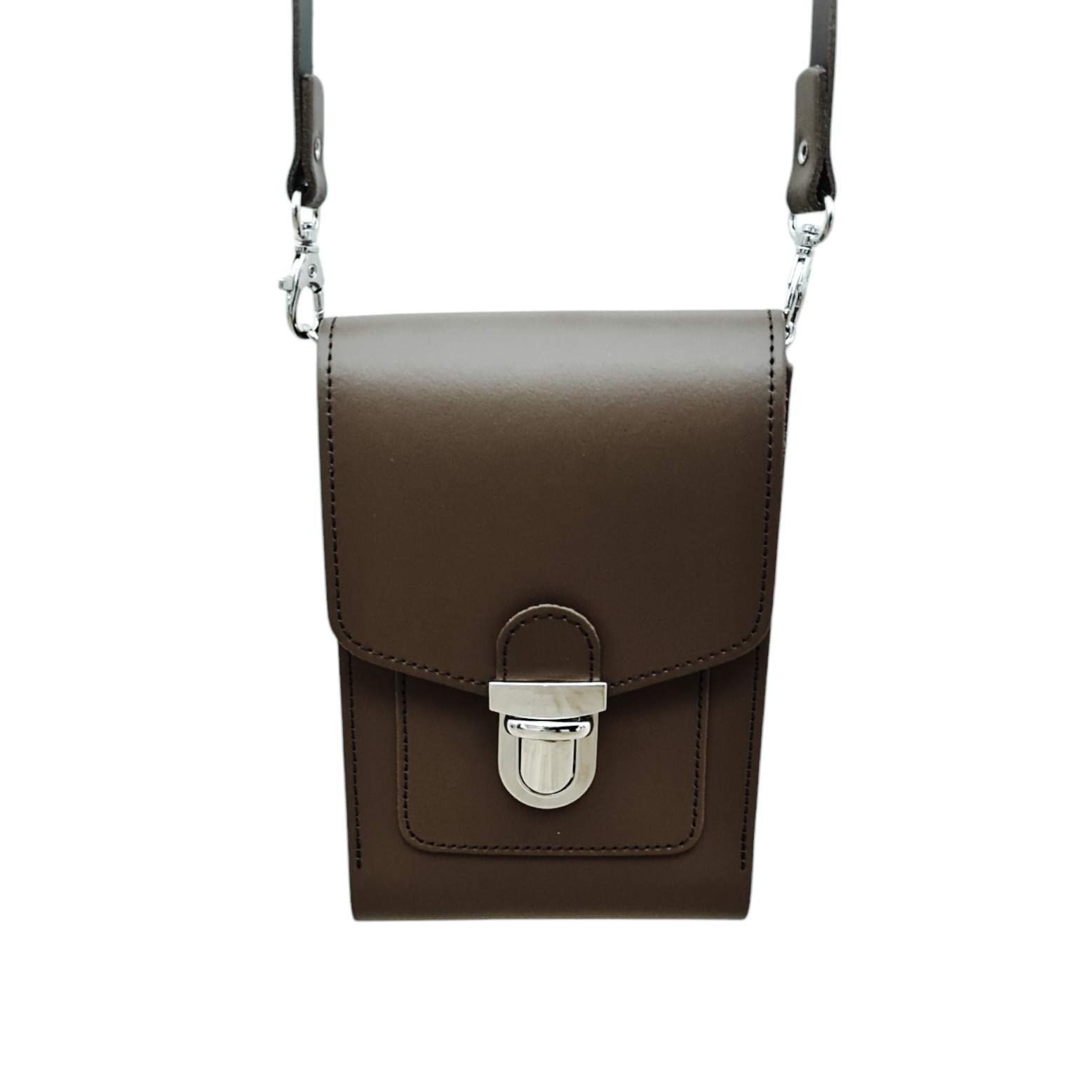 Leather Push Lock Crossbody Phone Case - Dark Brown