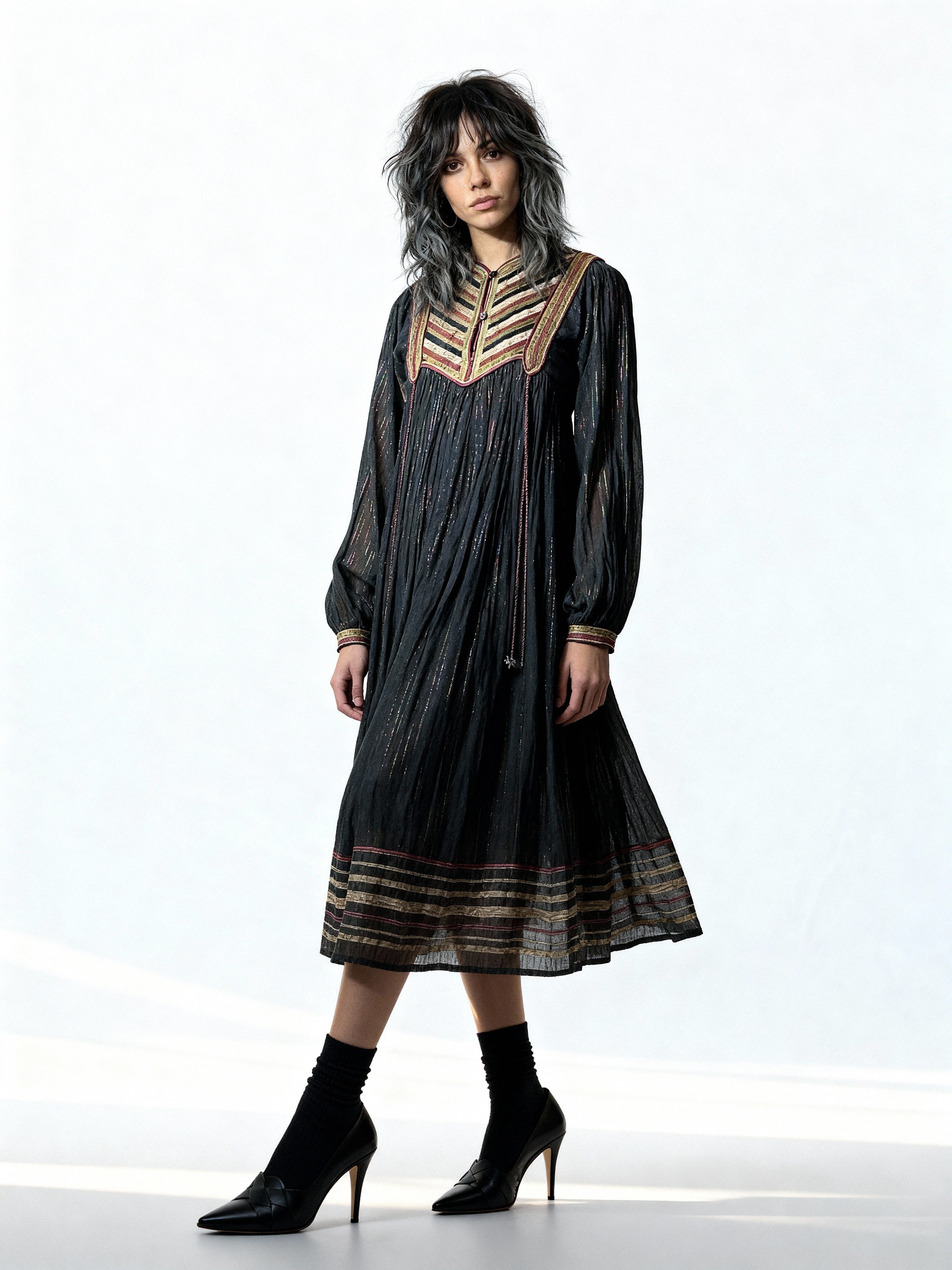 Original Vintage 1970's Black Indian Cotton Boho / Hippie Dress UK 8 - 14