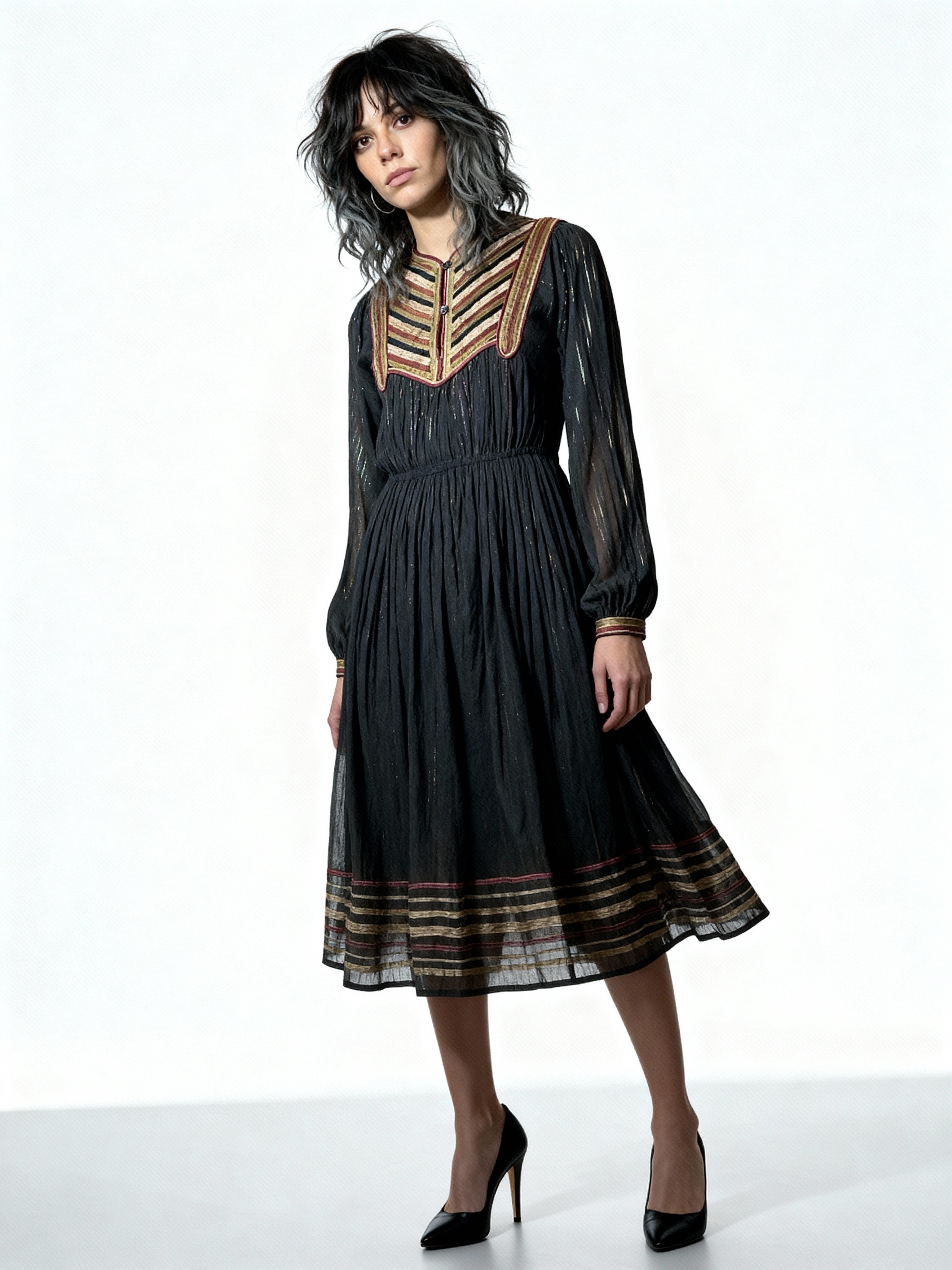 Original Vintage 1970's Black Indian Cotton Boho / Hippie Dress UK 8 - 14