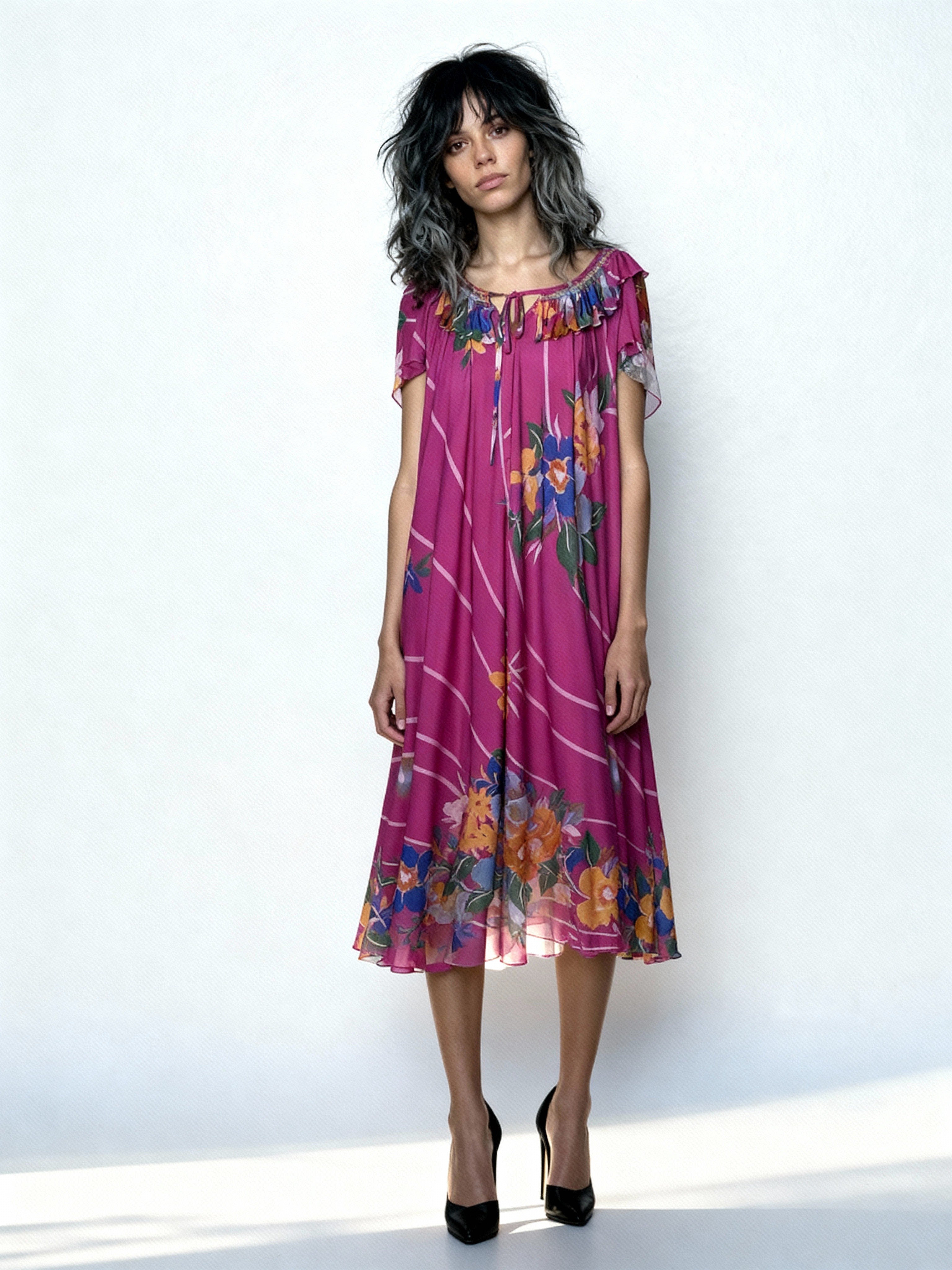 Original 1970's Vintage Bright Pink Floral Dress UK 8 - 12