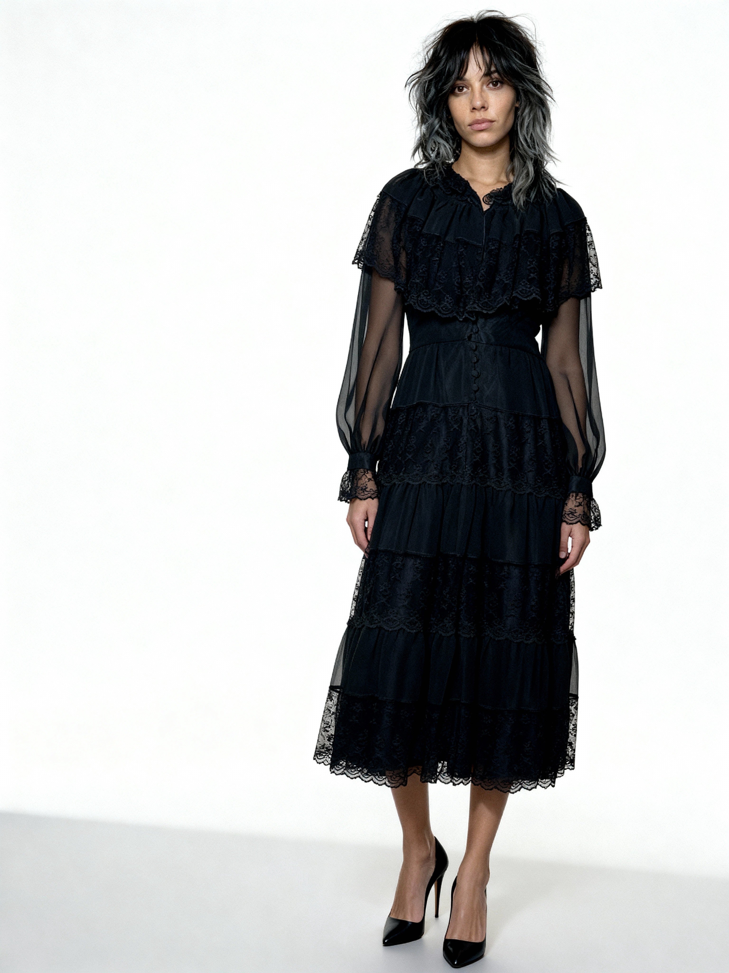 Original 1970's Vintage Black Sheer & Lace Dress UK 12 - 14