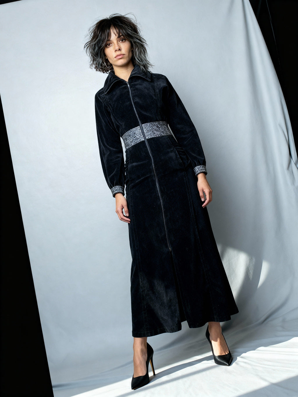 Original Vintage 1970's Pierre Cardin Black Velvet Maxi Dress UK 10 - 12