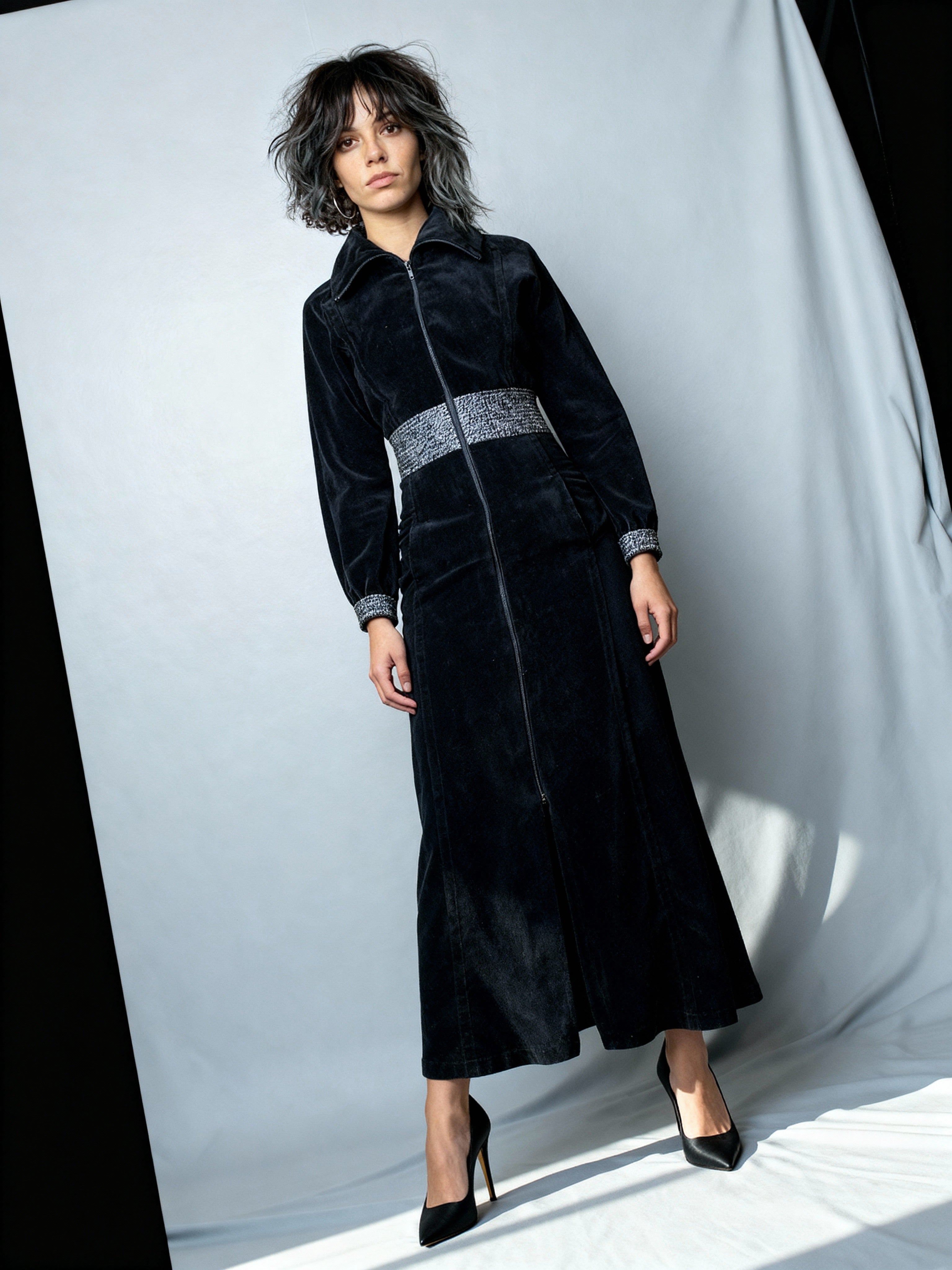 Original Vintage 1970's Pierre Cardin Black Velvet Maxi Dress UK 10 - 12