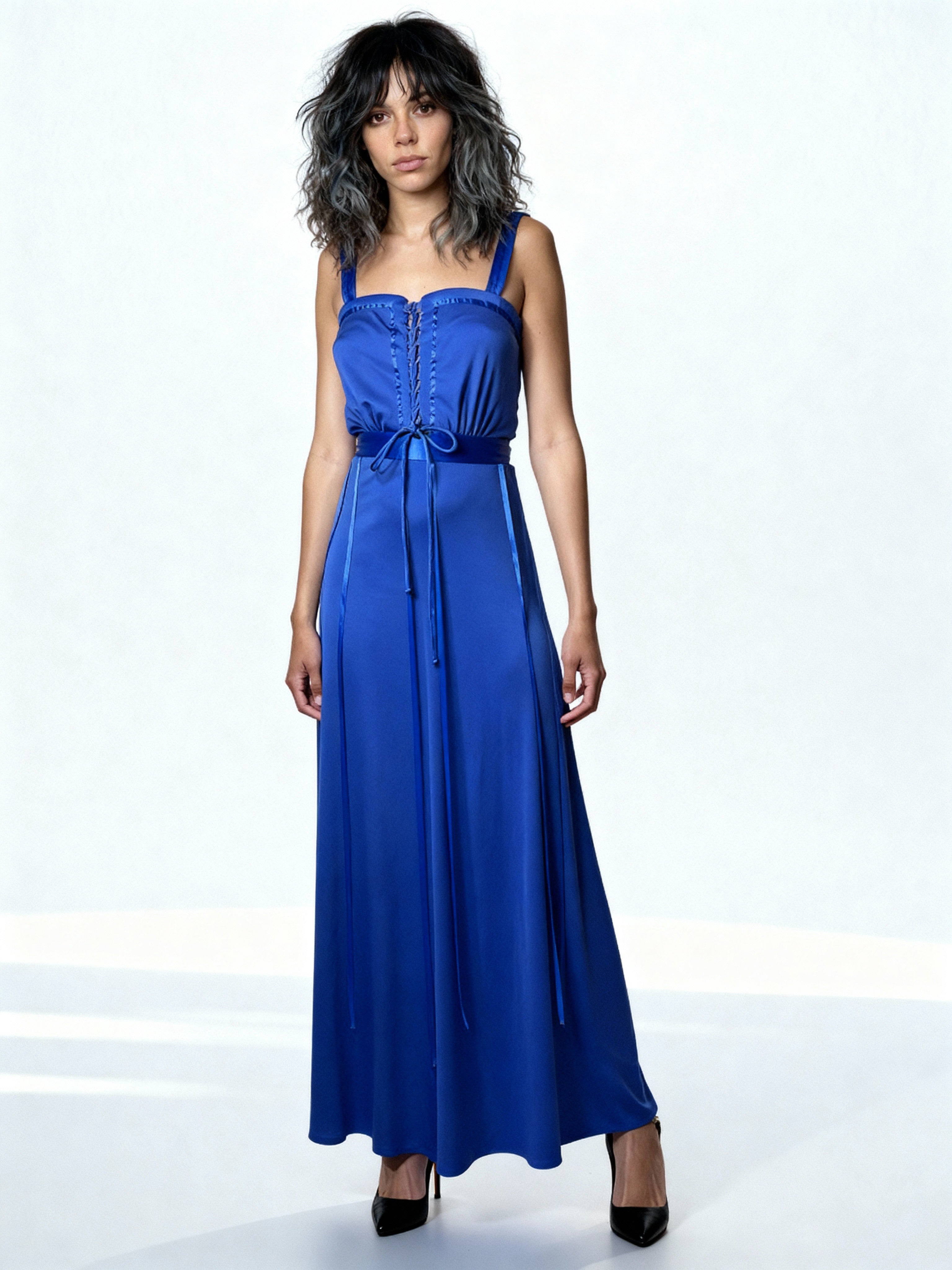 Vintage 1970's Original Electric Blue Disco Maxi Dress UK 10 - 12