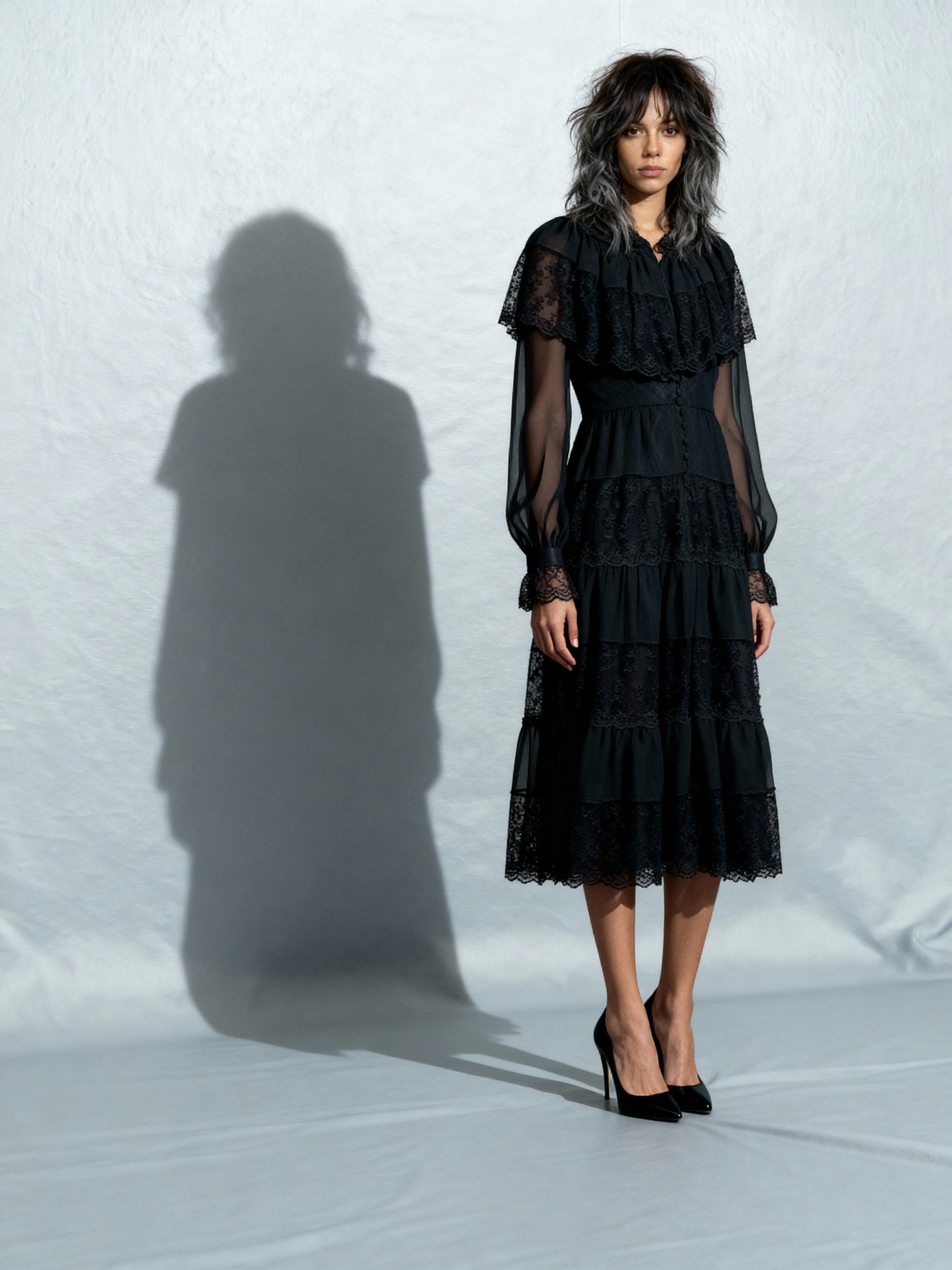 Original 1970's Vintage Black Sheer & Lace Dress UK 12 - 14