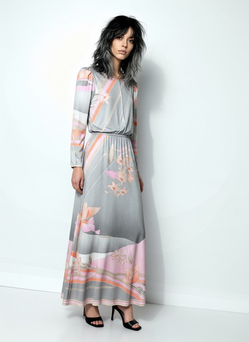 1970's Original Vintage Grey Leonard Floral Maxi Dress UK 10 -12