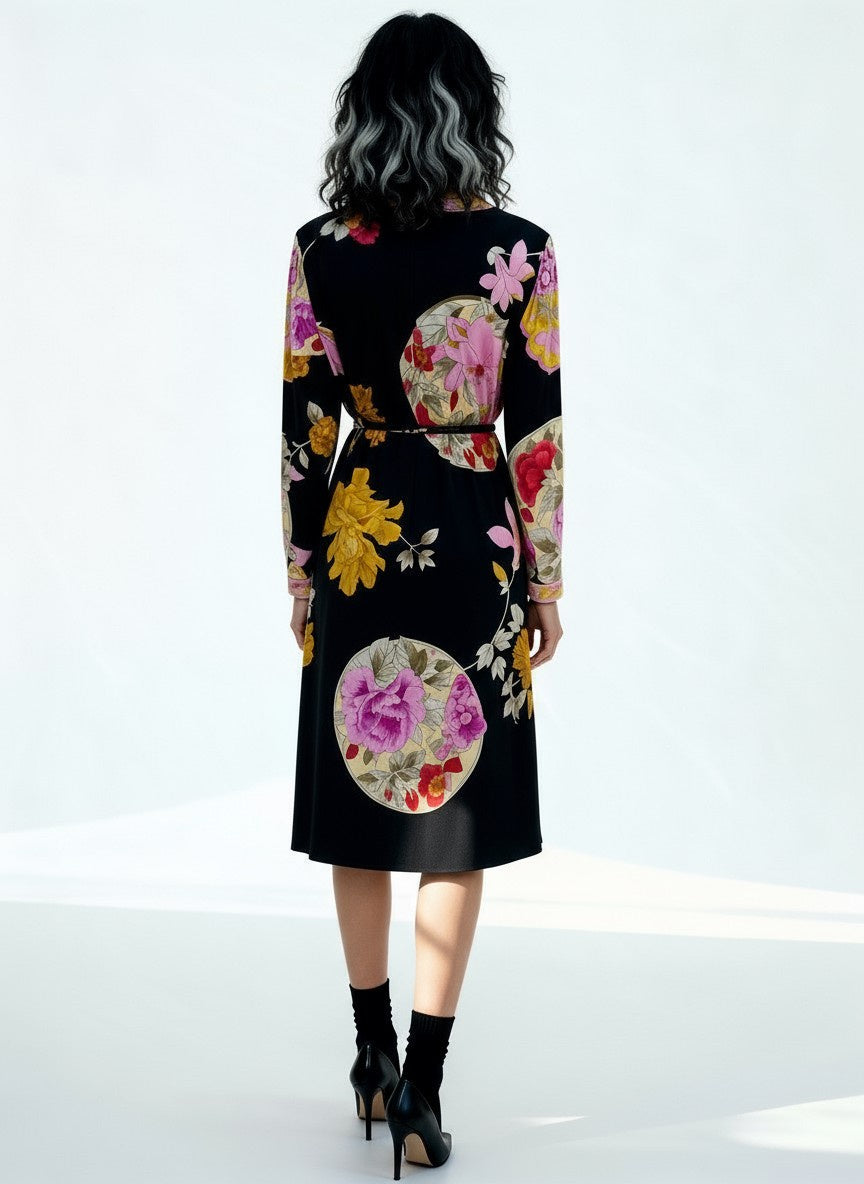 1980'S Original Vintage Black Leonard Floral Silk Dress Uk 10 - 12