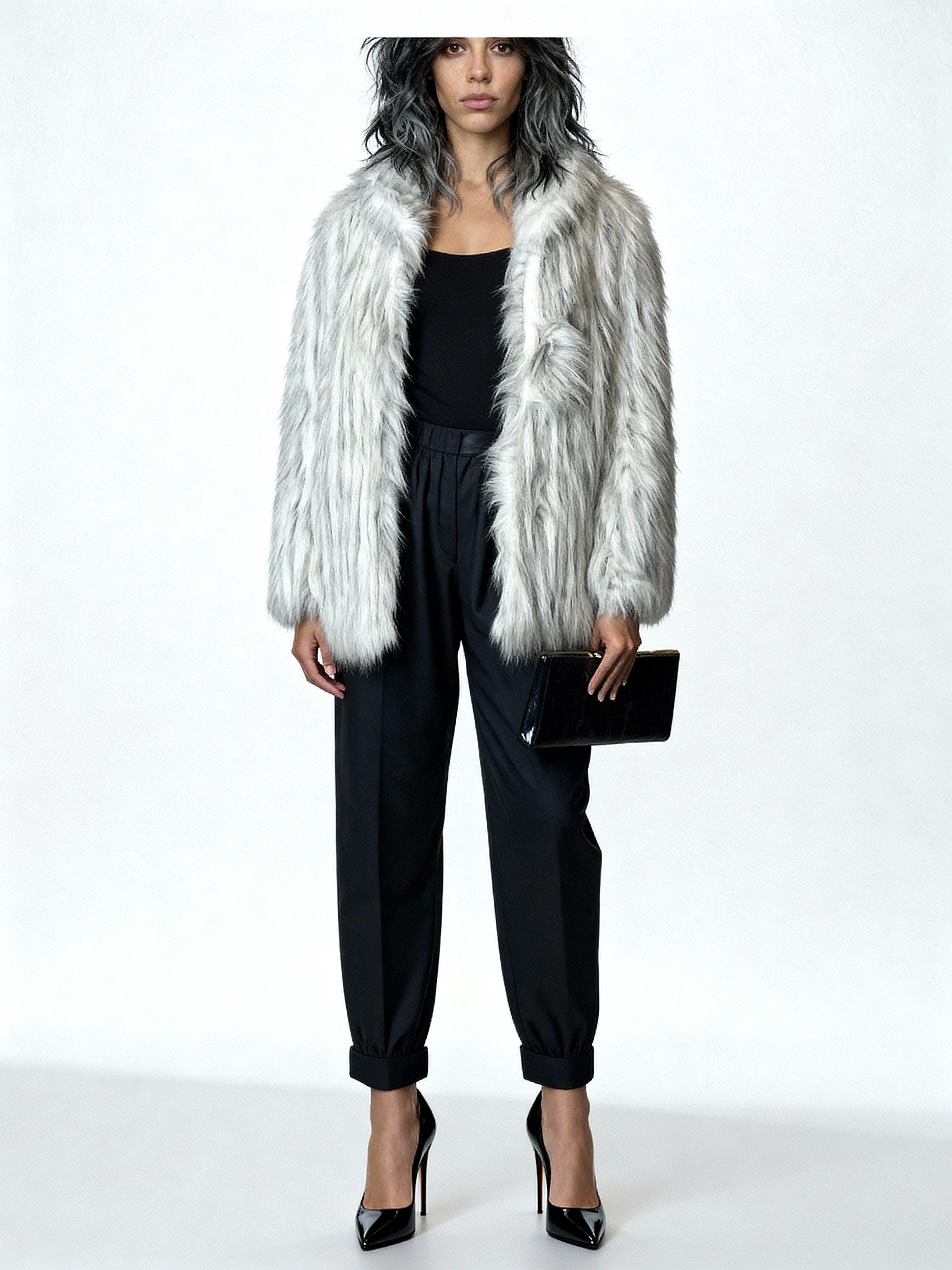 Original Vintage 1970's White & Grey Faux Fur Coat UK 8 - 14