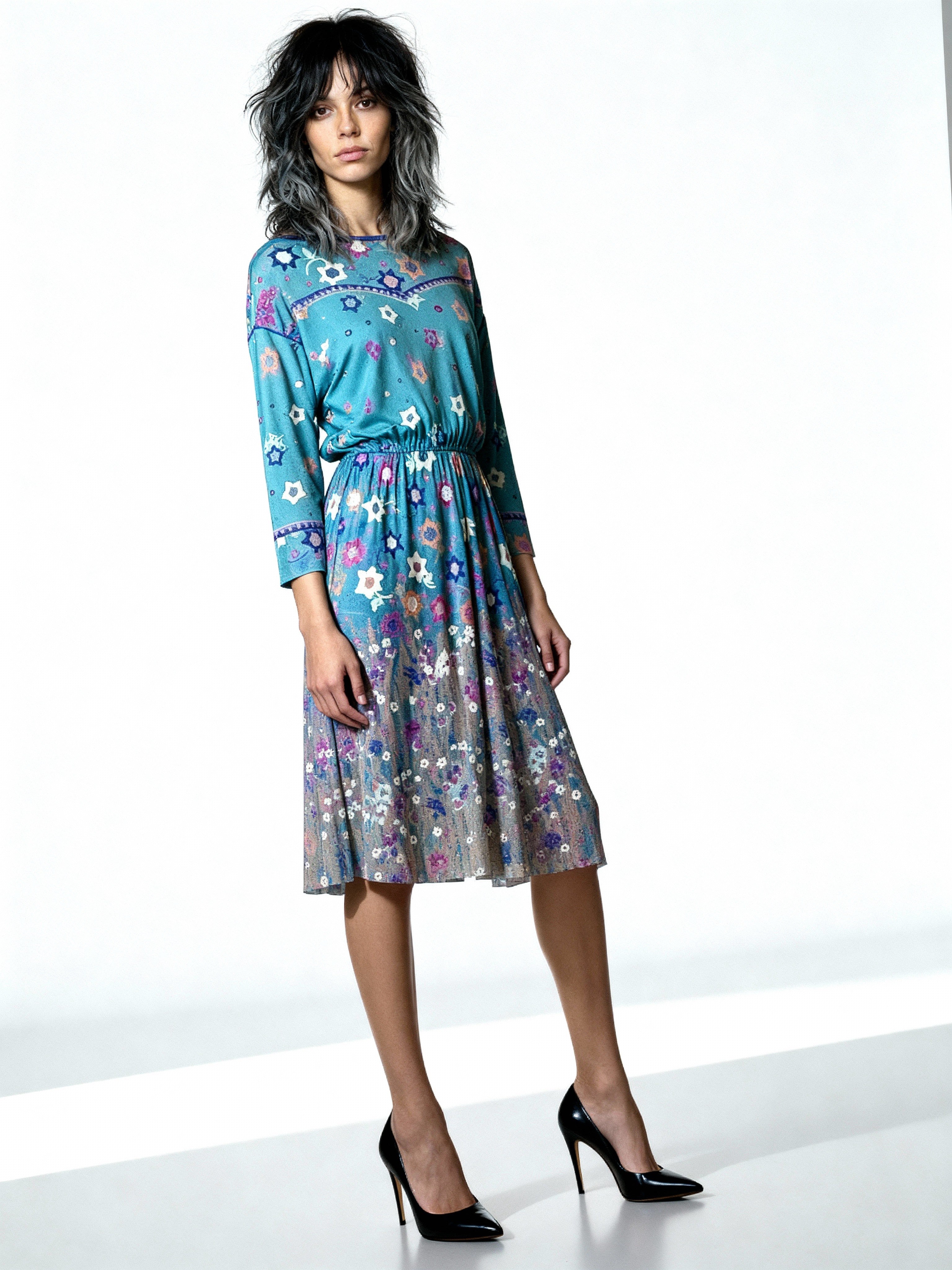 Original Vintage Virginie Paris Turquoise Floral Print Dress UK 8 - 12