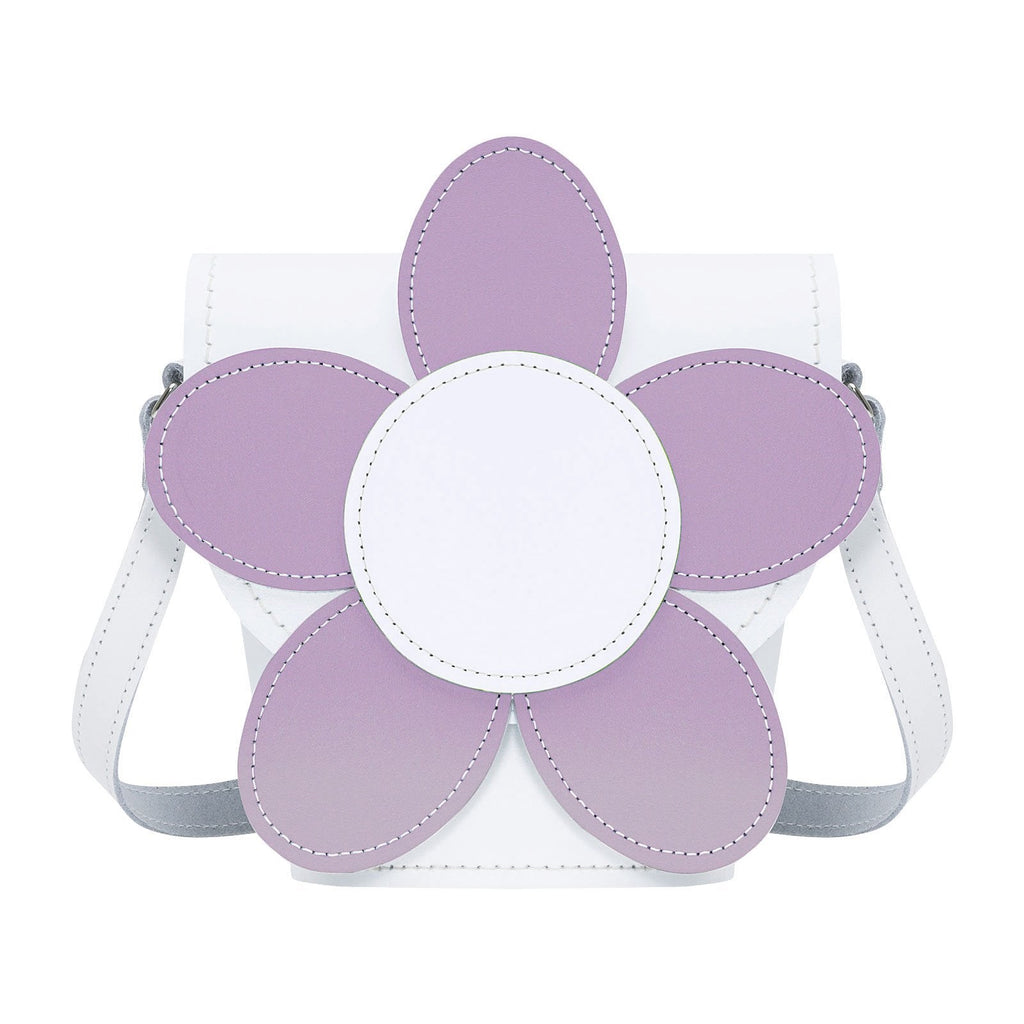 Handmade Leather Daisy Barrel Bag - White & Violet
