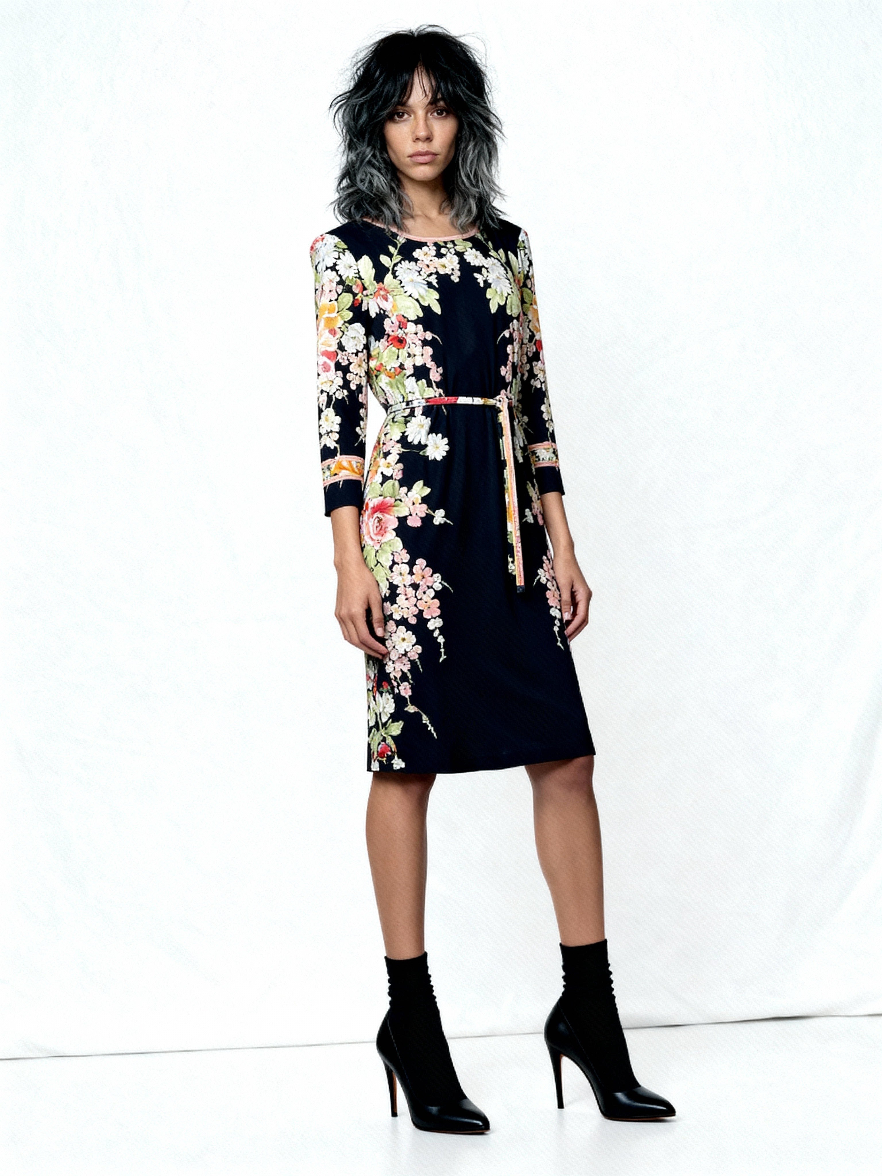 1980'S Original Vintage Black Leonard Floral Silk Dress Uk 10 - 12