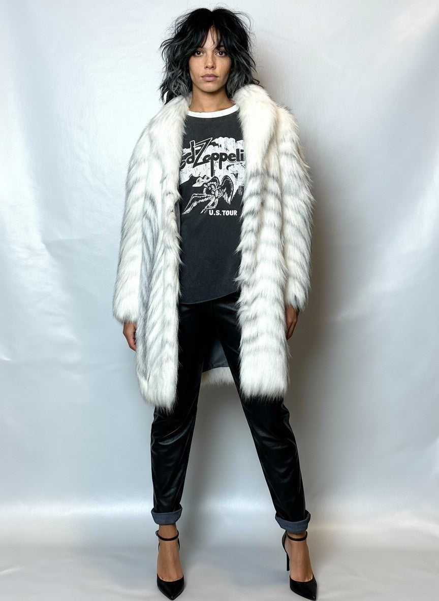 Original 1970's Vintage White Faux Fox Fur Coat UK 8 - 14