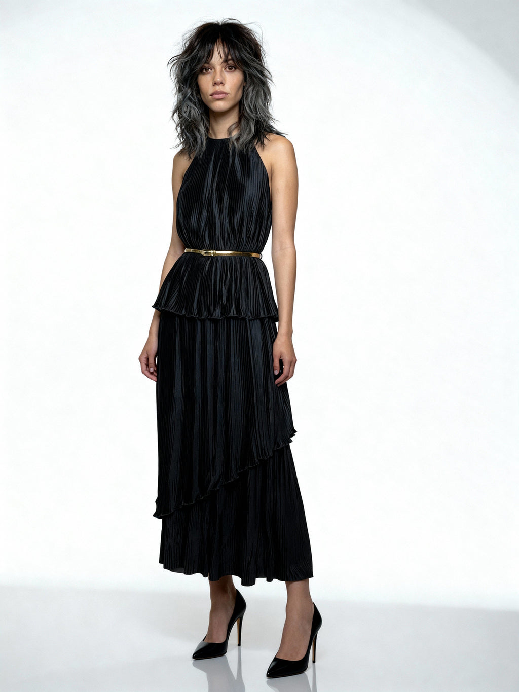 Vintage 1970's Black Thin Pleated & Tiered High Collar Dress UK 10 - 12