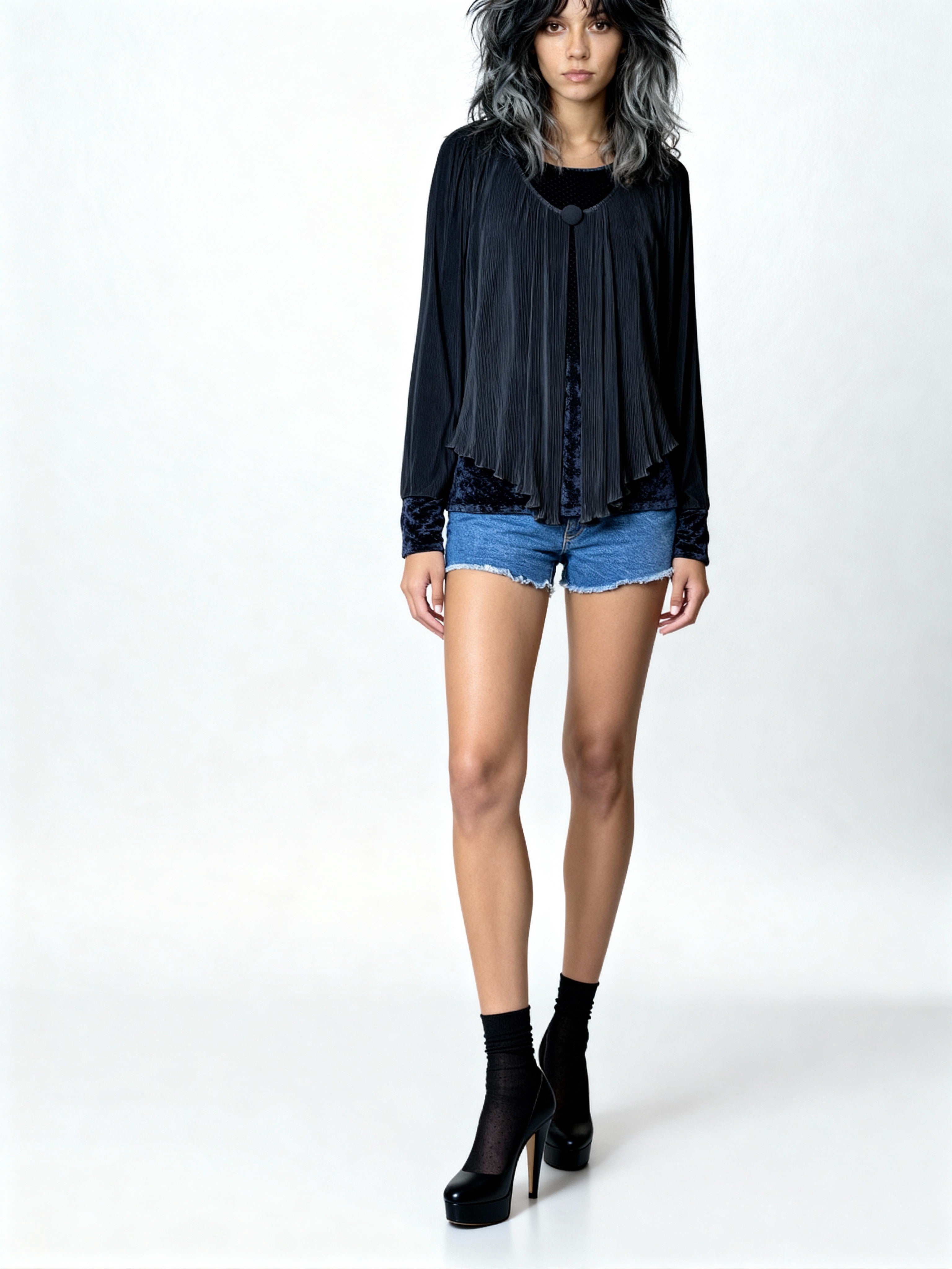 Original Vintage 1980's Black Oversized Pleated Top With Navy Velvet Detailing UK 10 - 14