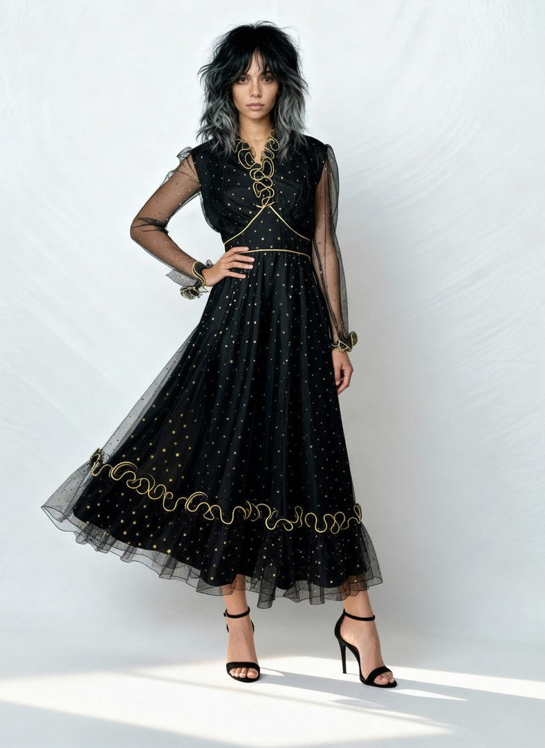 1970's Original Vintage Black Lace & Gold Polka Dot Dress UK 12