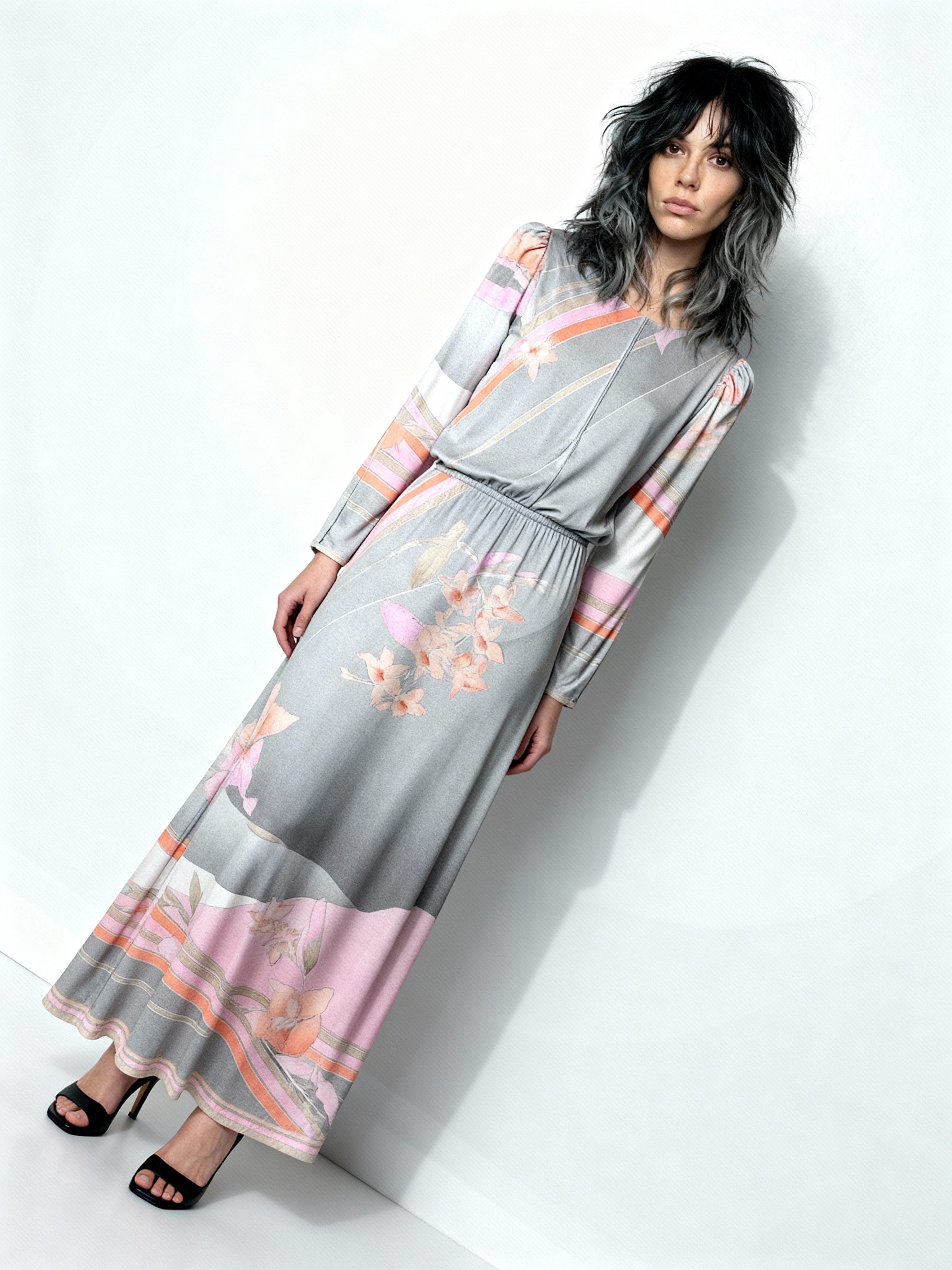 1970's Original Vintage Grey Leonard Floral Maxi Dress UK 10 -12