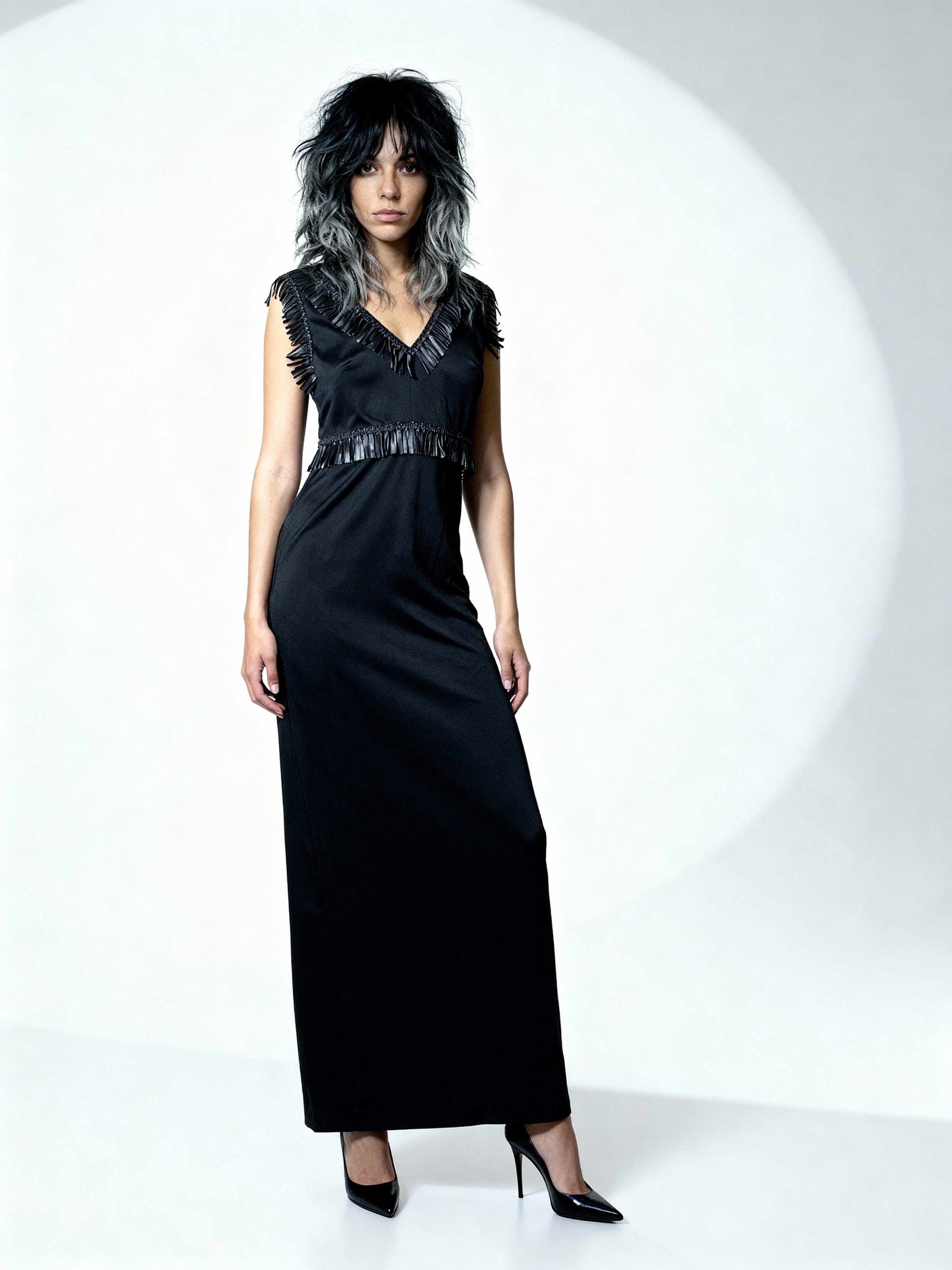 Unique Original Vintage 1970's Black & Faux Leather Detailed Maxi Dress UK 14 - 16