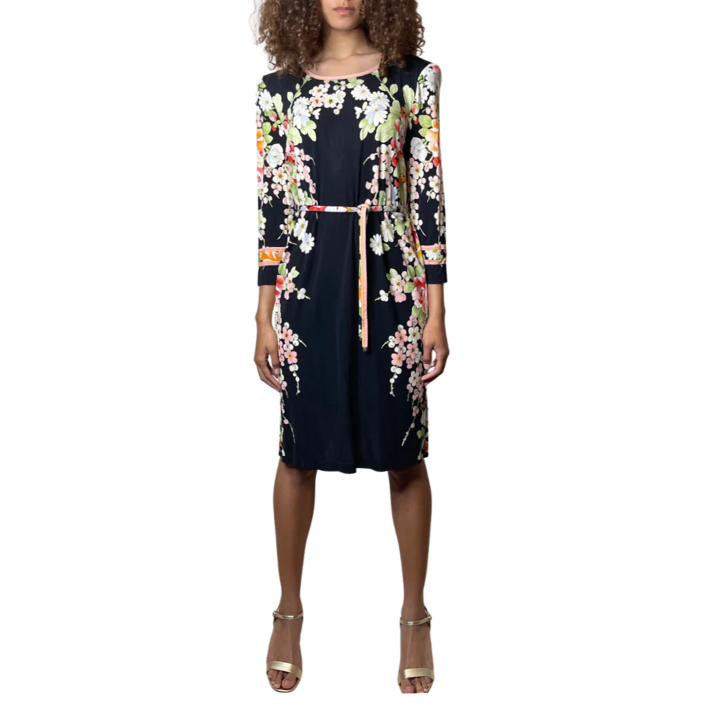 1980'S Original Vintage Black Leonard Floral Silk Dress Uk 10 - 12
