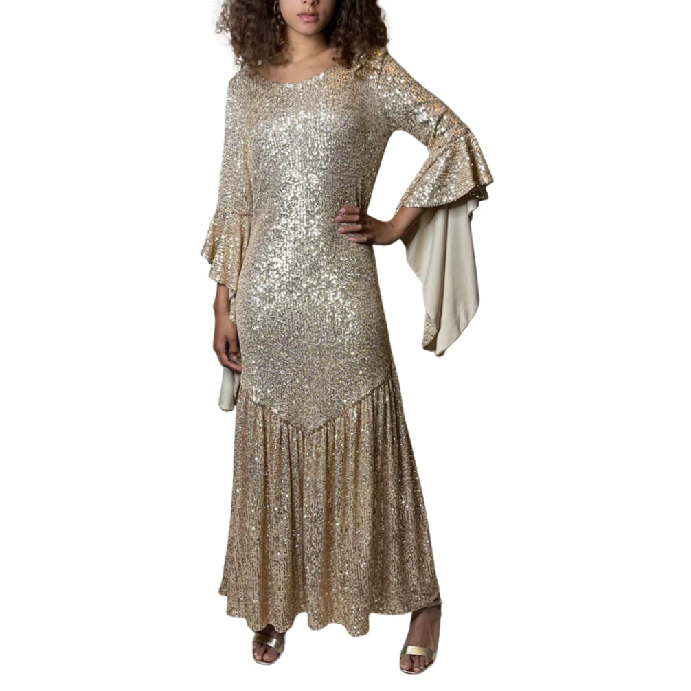 1990'S Original Vintage Gold Sequin Bell Sleeve Dress Uk 8 - 12