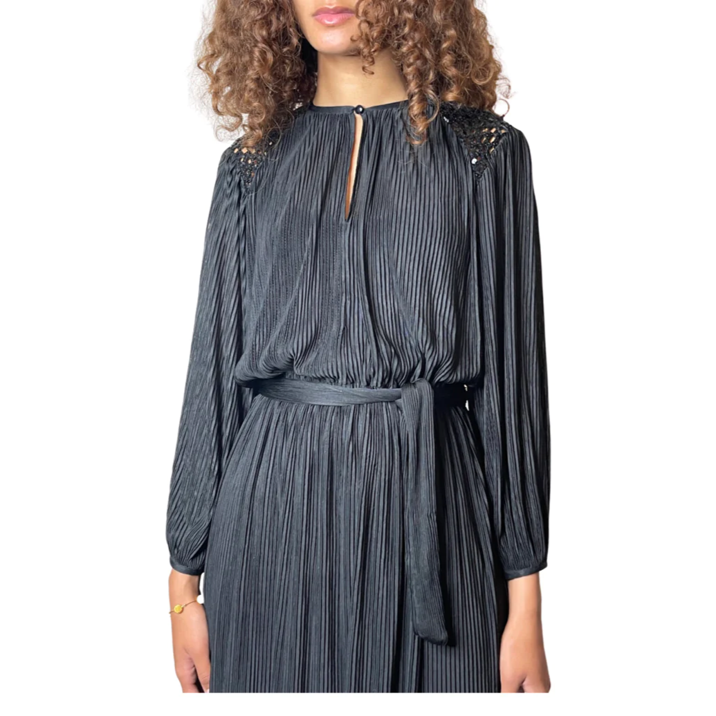 1970'S Vintage Original Black Pleated Long Sleeved Dress Uk 10 - 12