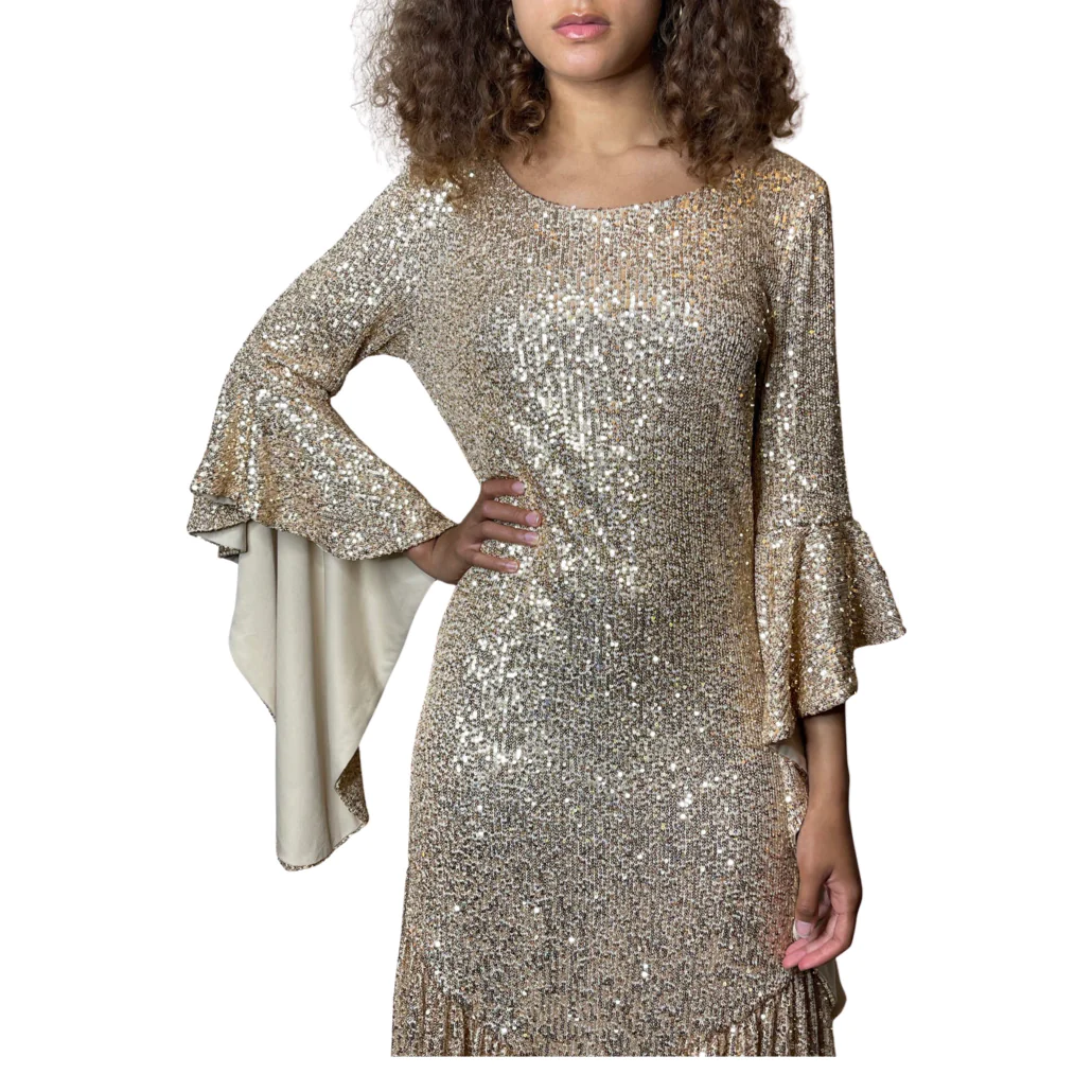 1990'S Original Vintage Gold Sequin Bell Sleeve Dress Uk 8 - 12