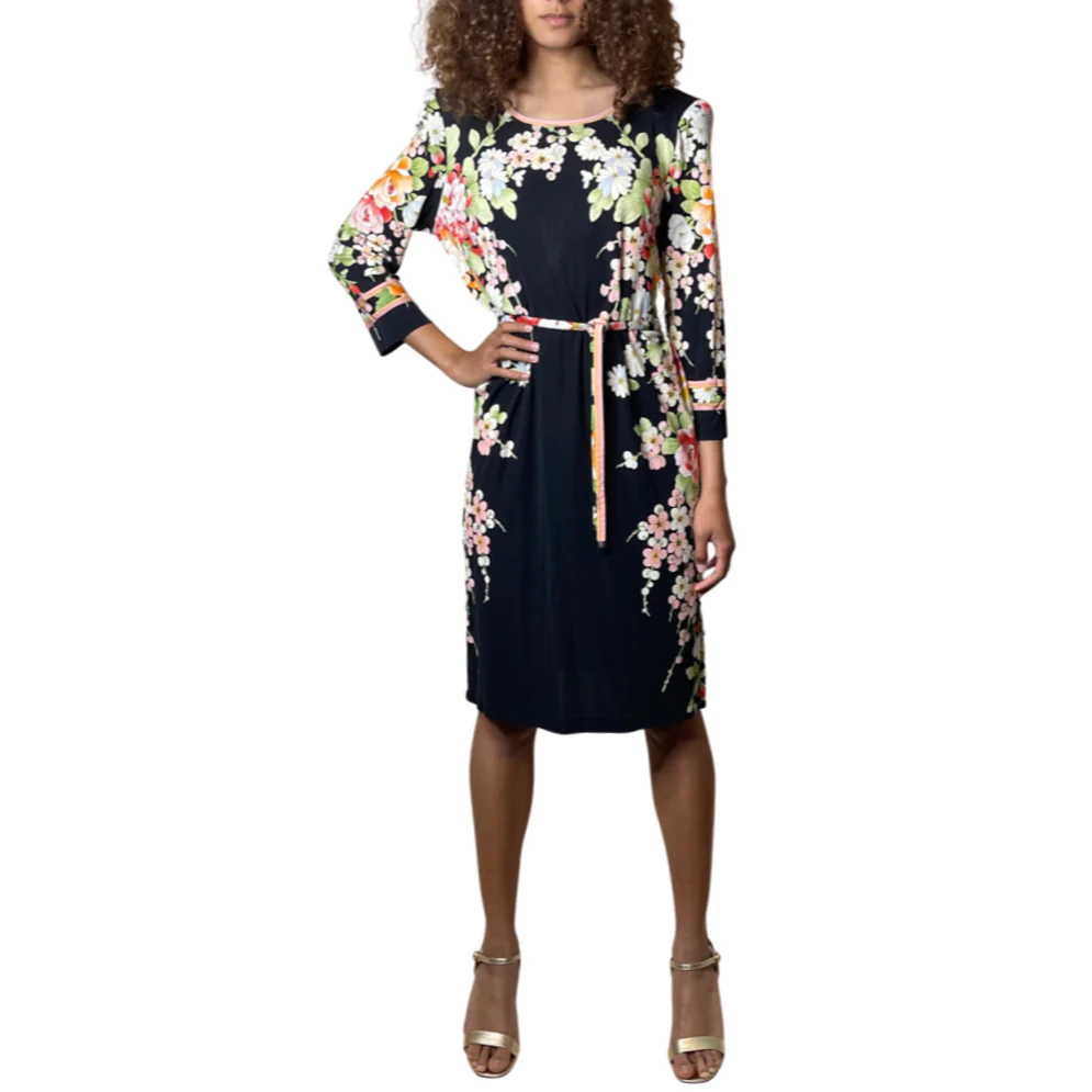 1980'S Original Vintage Black Leonard Floral Silk Dress Uk 10 - 12