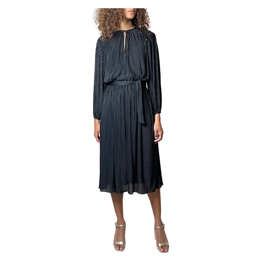1970'S Vintage Original Black Pleated Long Sleeved Dress Uk 10 - 12