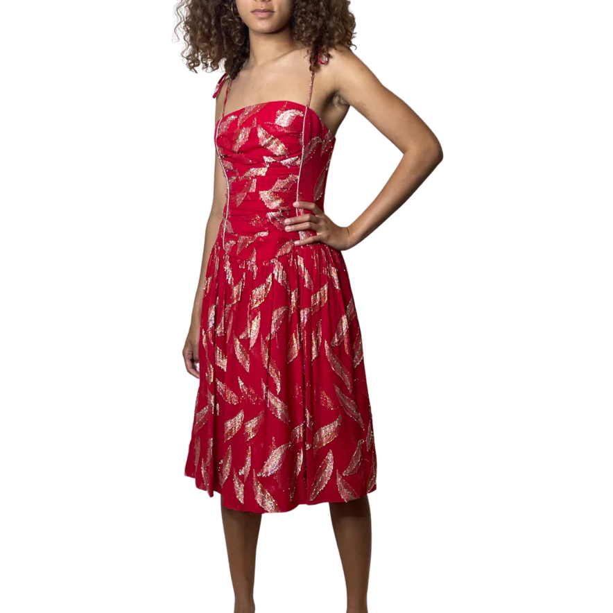 Vintage 1970'S Original Red & Gold Silver Cocktail Dress Uk 8 - 10