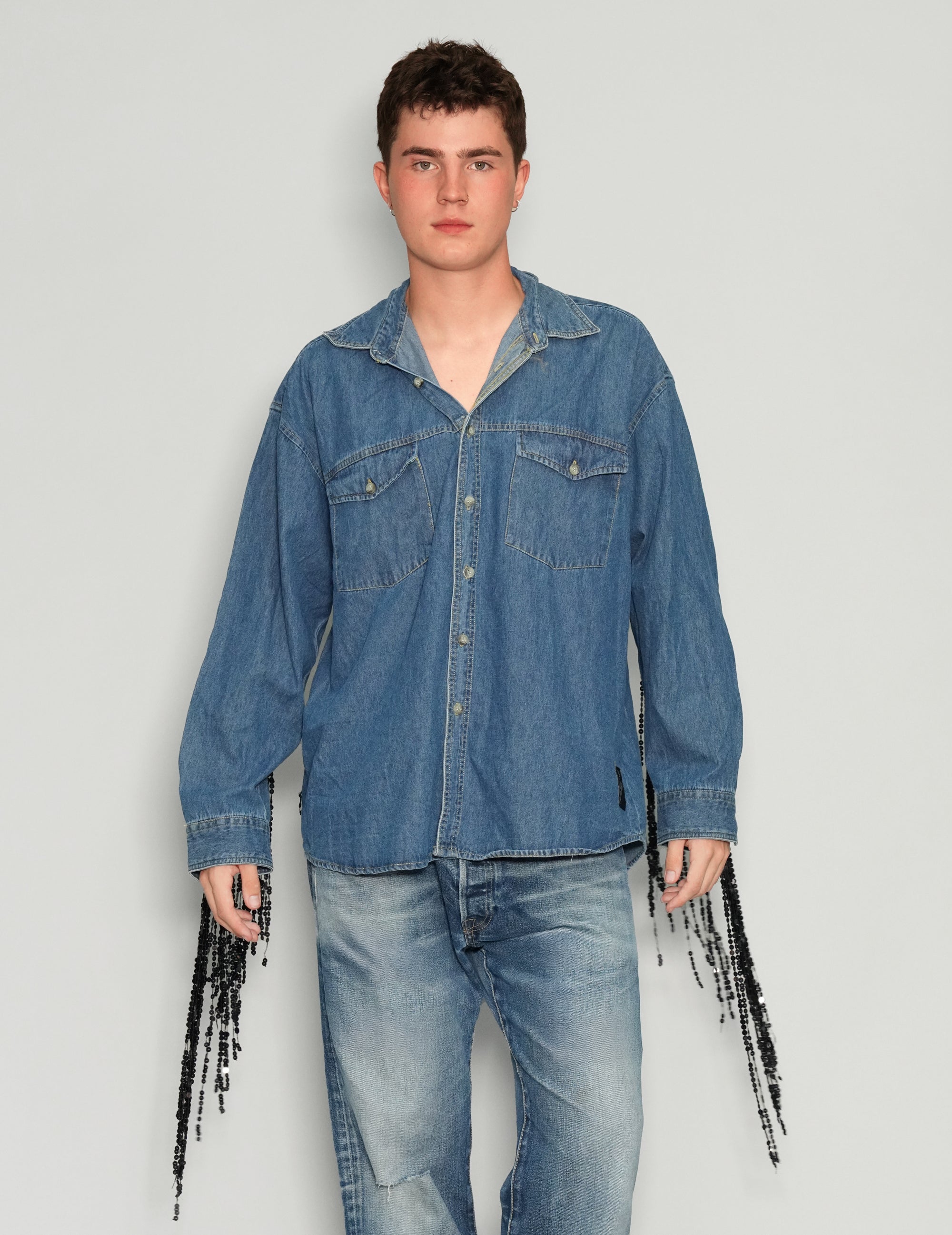 Sequinned Tassel Party Back Denim Shirt