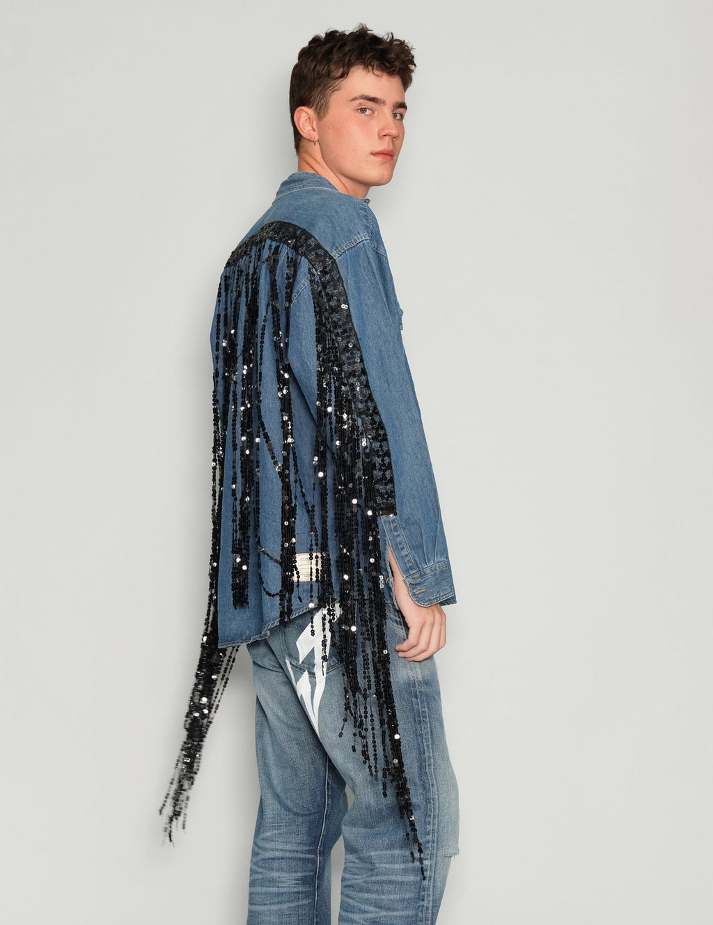 Sequinned Tassel Party Back Denim Shirt