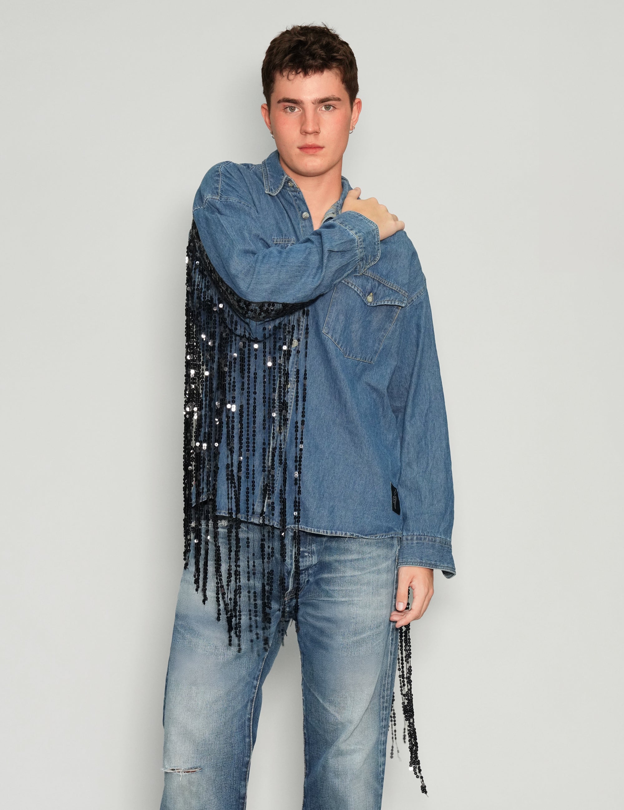 Sequinned Tassel Party Back Denim Shirt