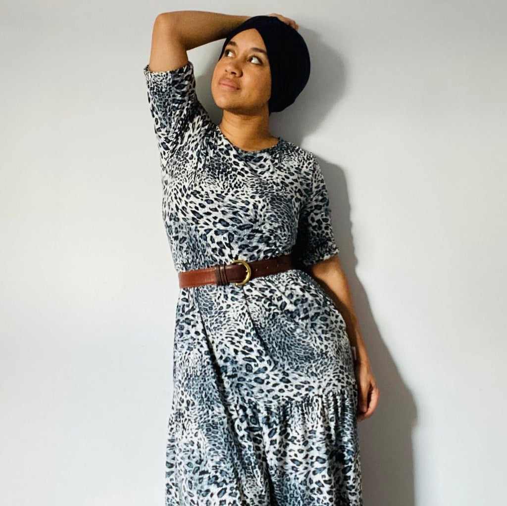 The Midi Breastfeeding Dress - Grey Leopard Cotton