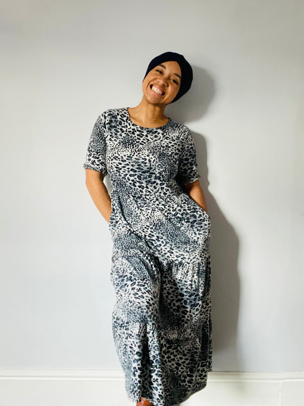 The Midi Breastfeeding Dress - Grey Leopard Cotton