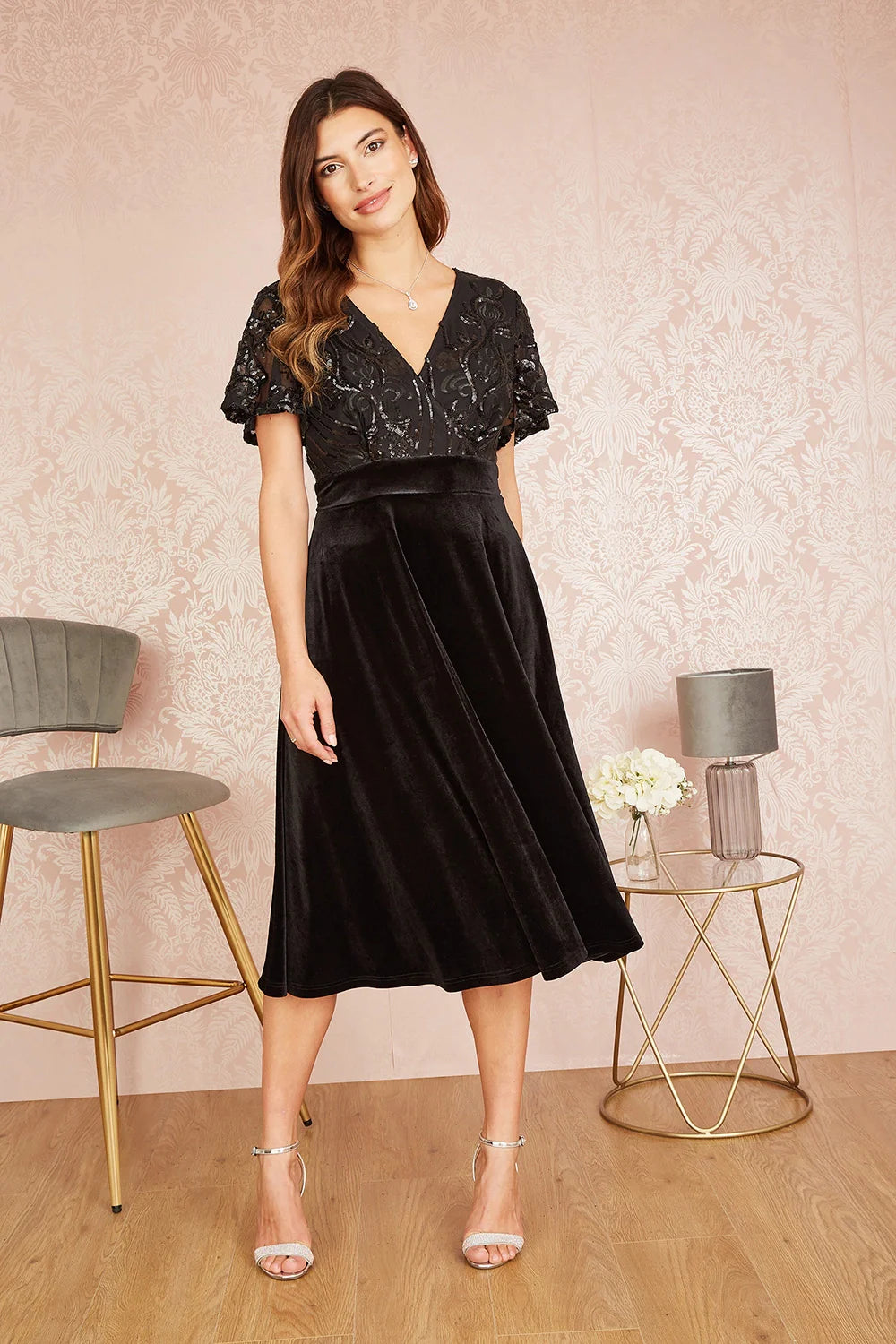 Yumi Black Embellished Velvet Wrap Skater Midi Dress