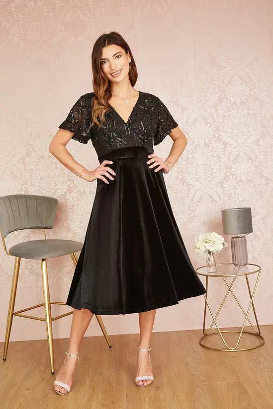 Yumi Black Embellished Velvet Wrap Skater Midi Dress