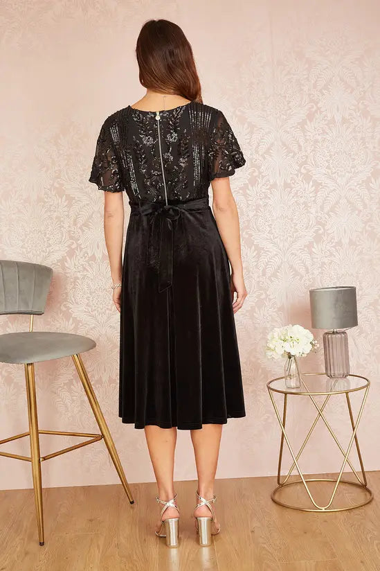 Yumi Black Embellished Velvet Wrap Skater Midi Dress
