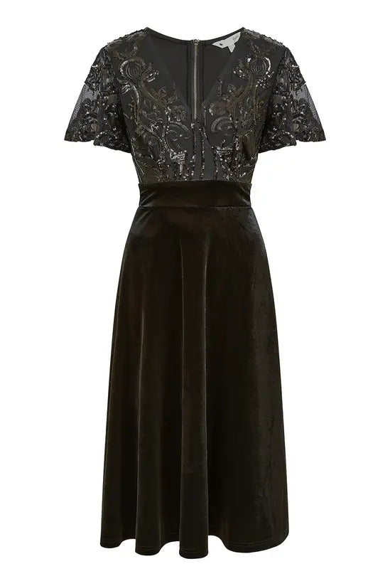 Yumi Black Embellished Velvet Wrap Skater Midi Dress