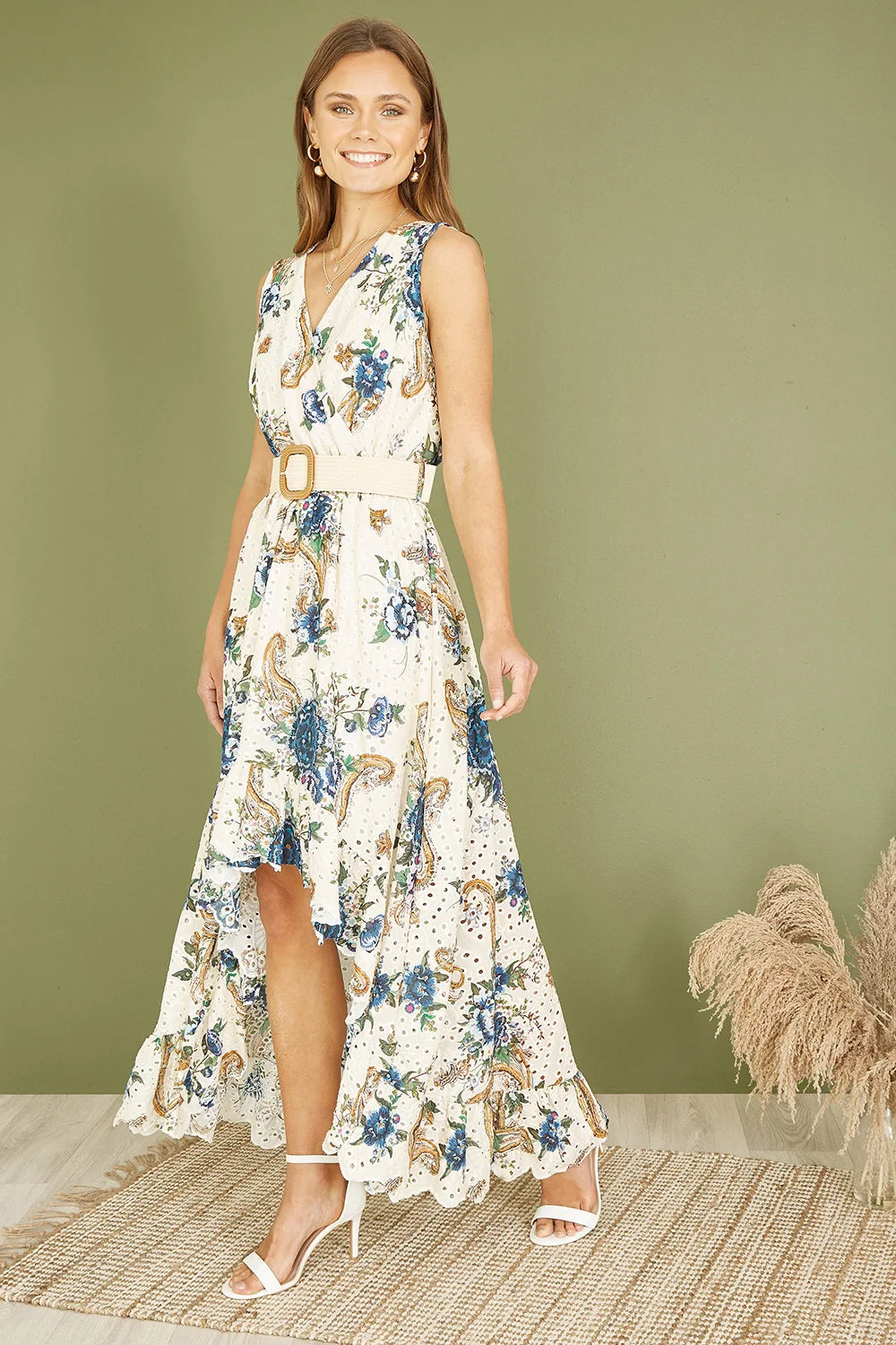 Yumi Premium Ivory Floral Print Broderie Anglaise Cotton Dip Hem Midaxi Dress