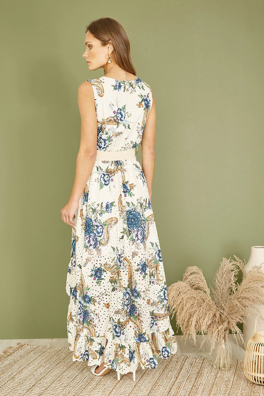 Yumi Premium Ivory Floral Print Broderie Anglaise Cotton Dip Hem Midaxi Dress