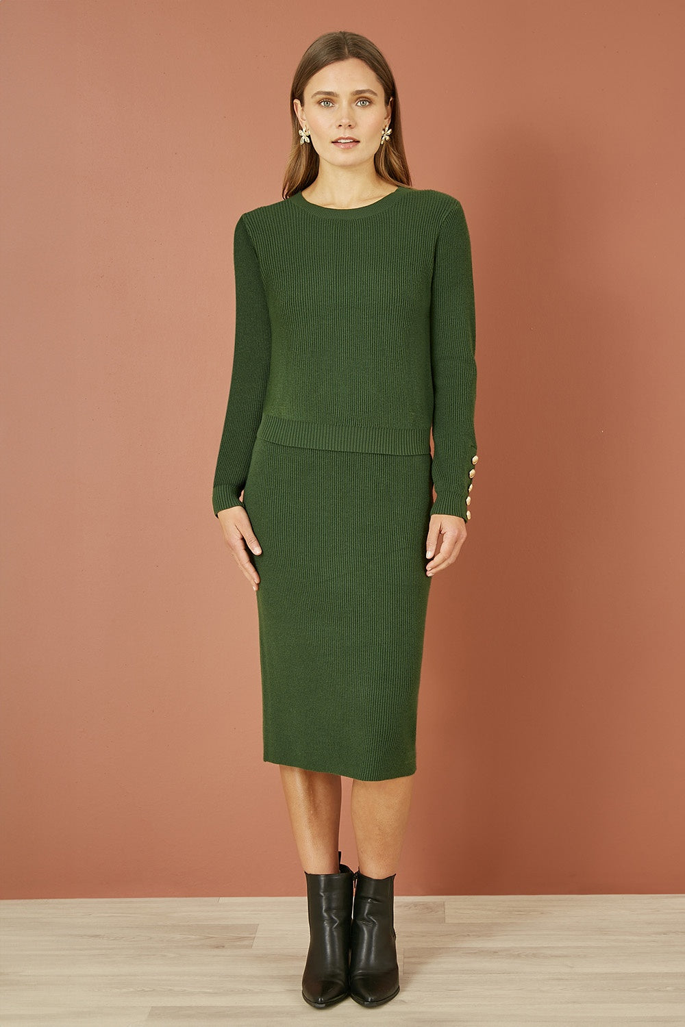 Yumi Green Rib Knitted Jumper With Sleeve Button Detail