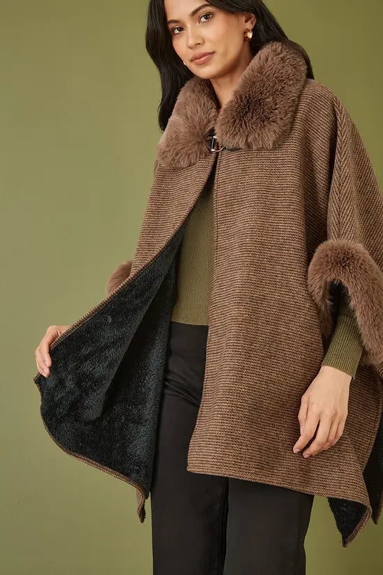Yumi Brown Cape With Luxe Fur Trim And Lining