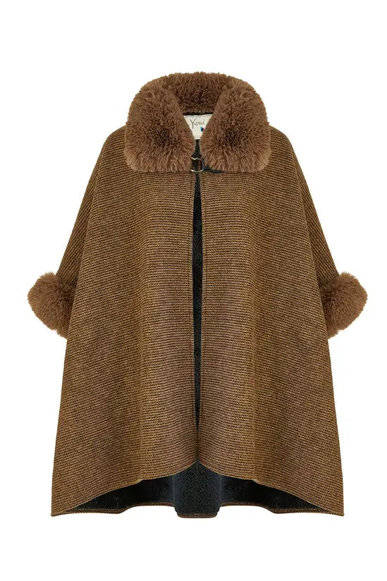Yumi Brown Cape With Luxe Fur Trim And Lining