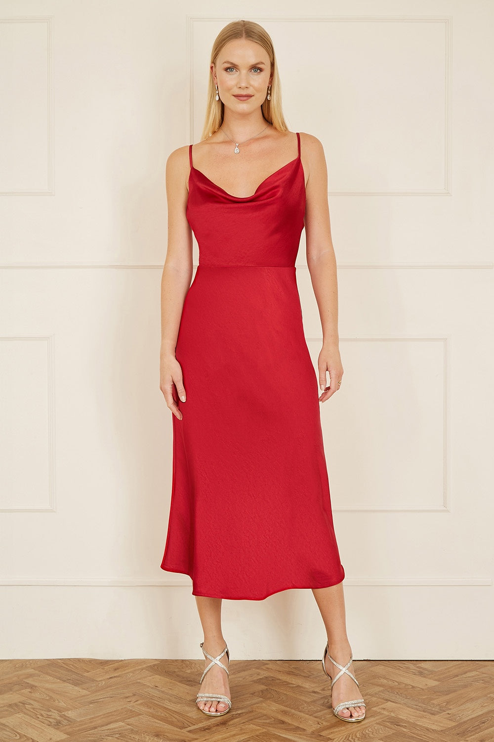 Yumi Red Satin Cowl Neck Midi Slip Dress