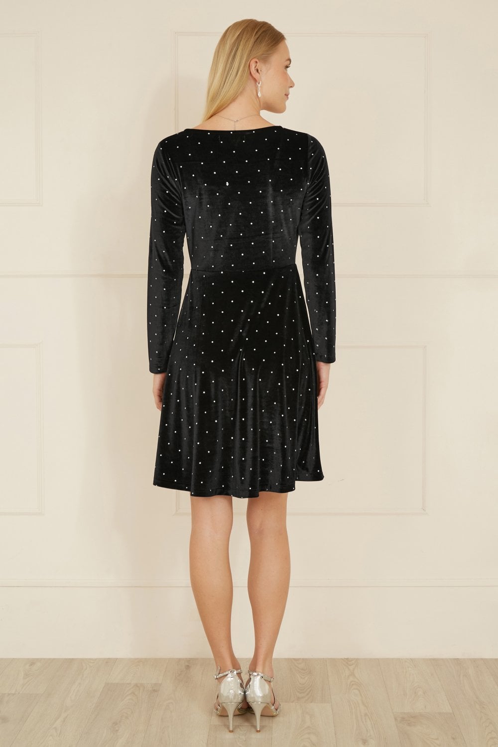 Mela Black Skater Dress With Diamantes and Long Sleeve